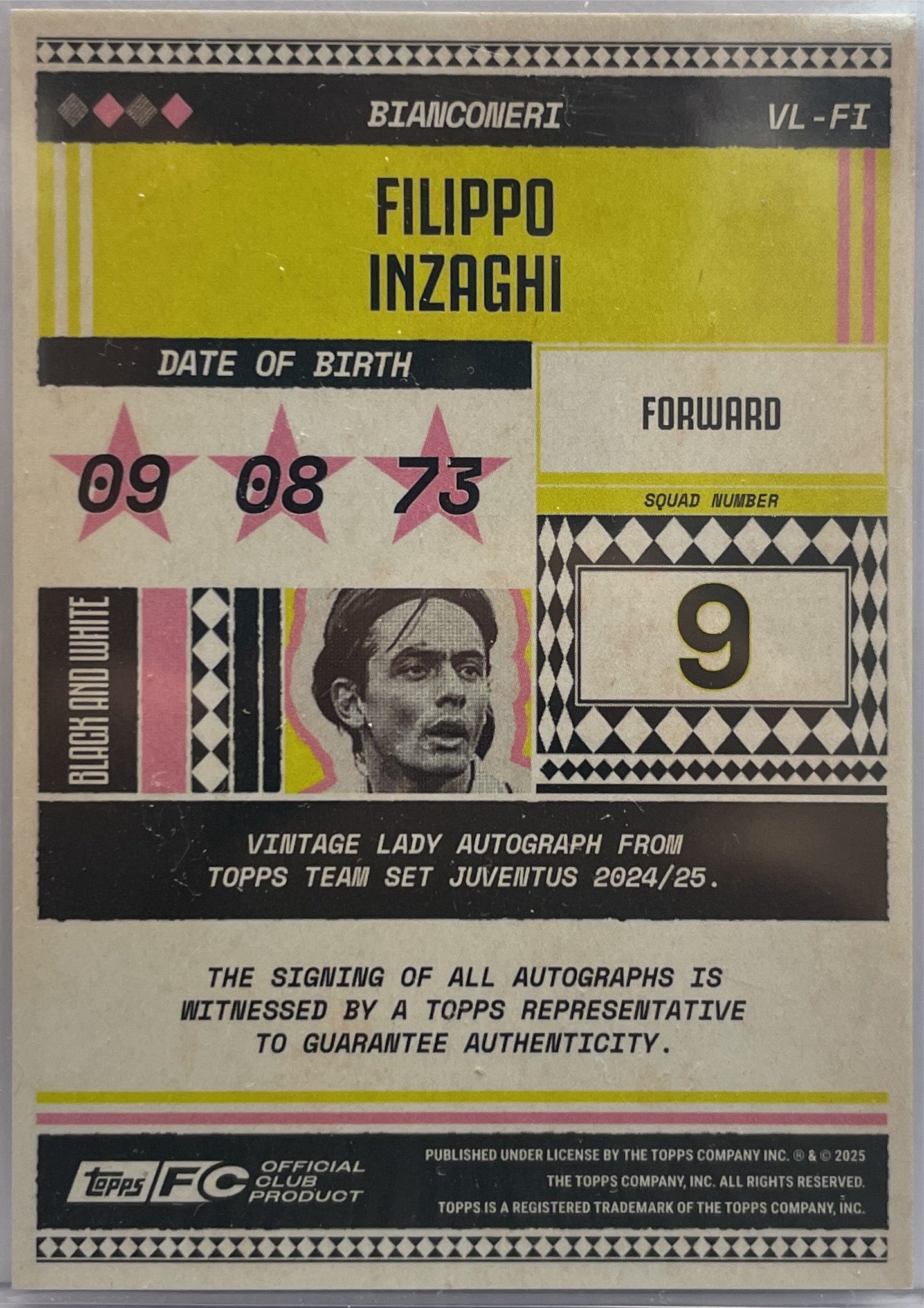 Filippo Inzaghi 42/50 Autograph Vintage Lady Topps Juventus Premium Team Set 2024/25