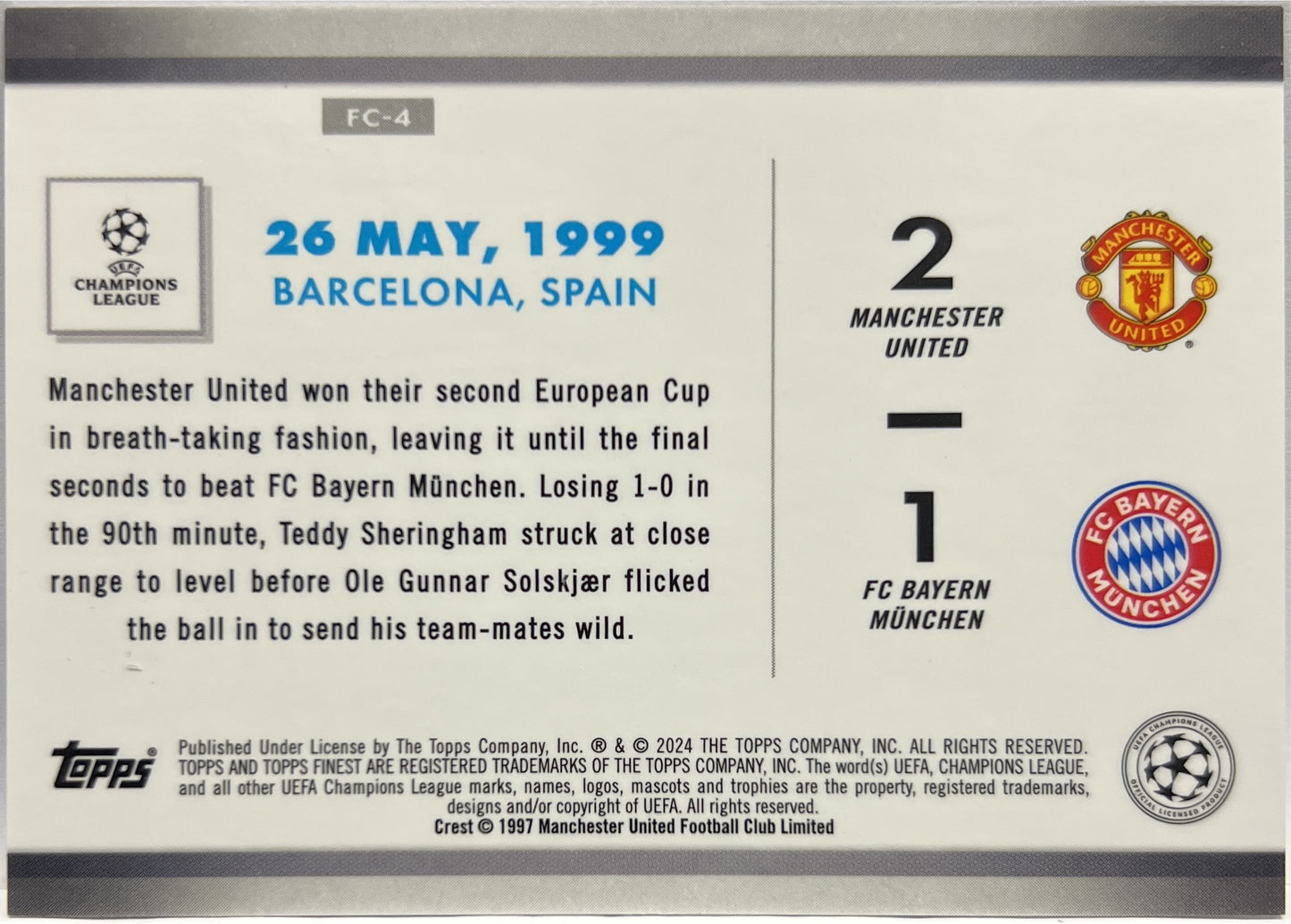 Manchester United 2-1 Bayern Munchen 223/299 Comebacks Purple Topps Finest UCC 2023/24