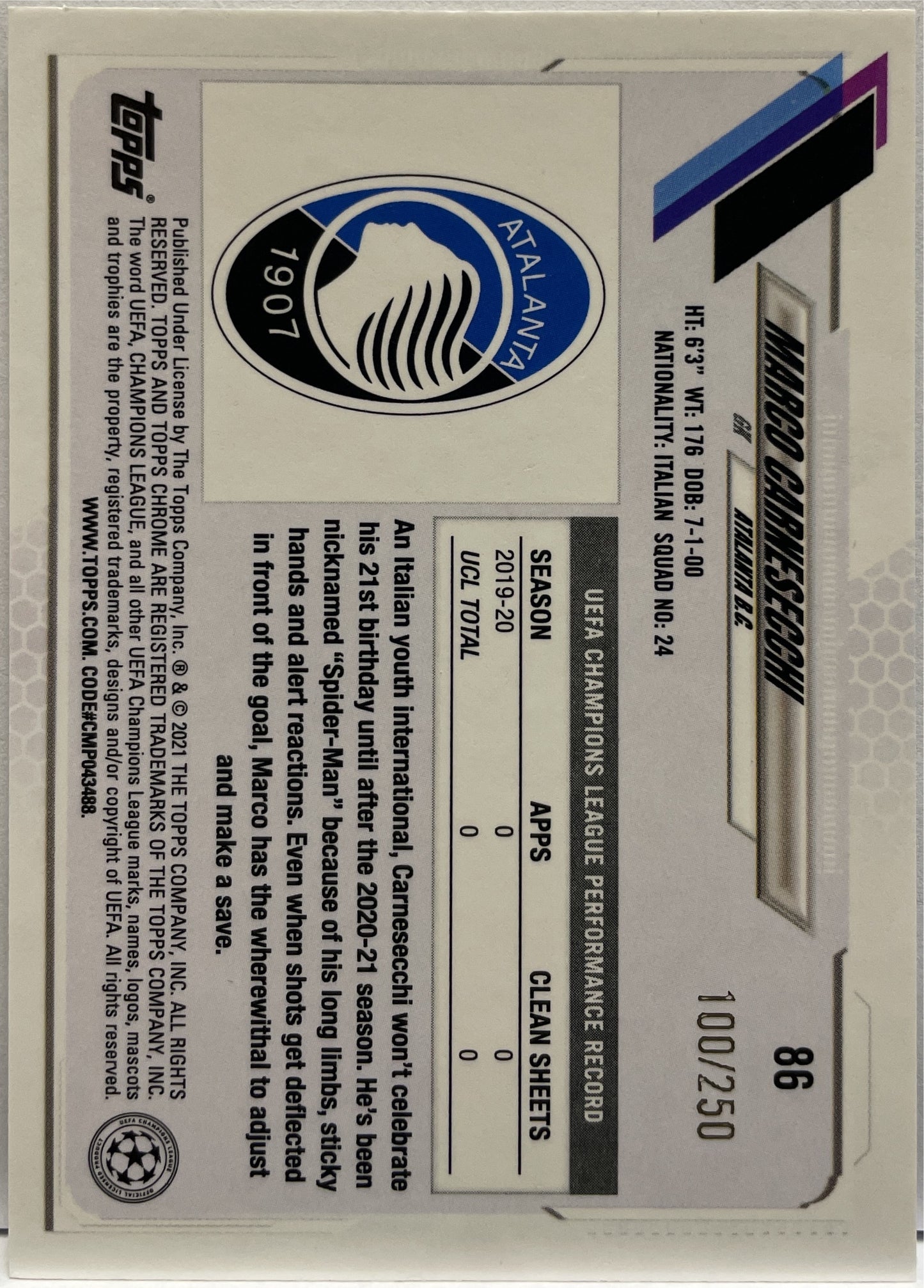 Marco Carnesecchi 100/250 Rookie Purple Mini Diamond Topps Chrome UCL 2020/21