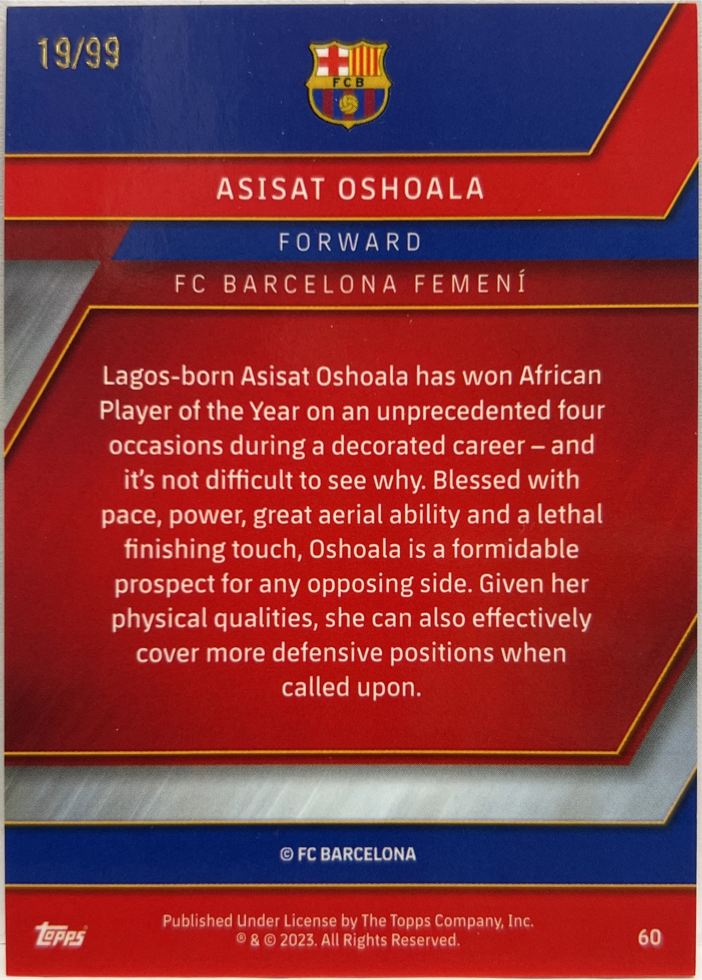 Asisat Oshoala 19/99 Topps Chrome Barcelona 2022/23