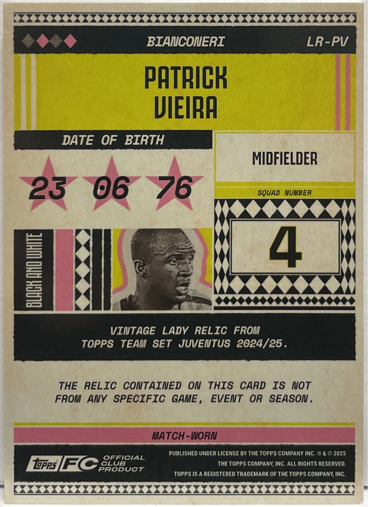 Patrick Vieira 76/99 Patch Vintage Lady Relic Pink Topps Juventus Premium Team Set 2024/25