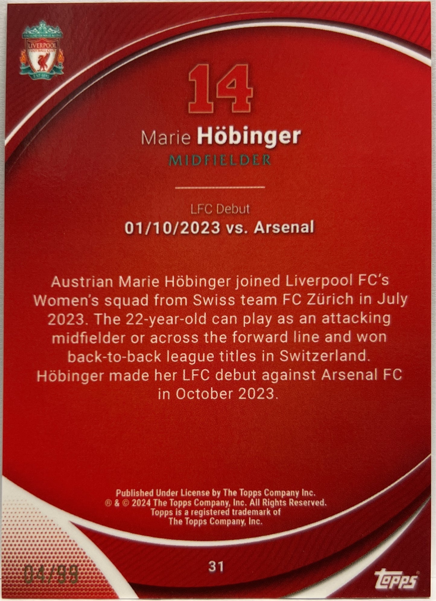 Marie Hobinger 4/99 Rookie Aqua Topps Chrome Liverpool 2023/24