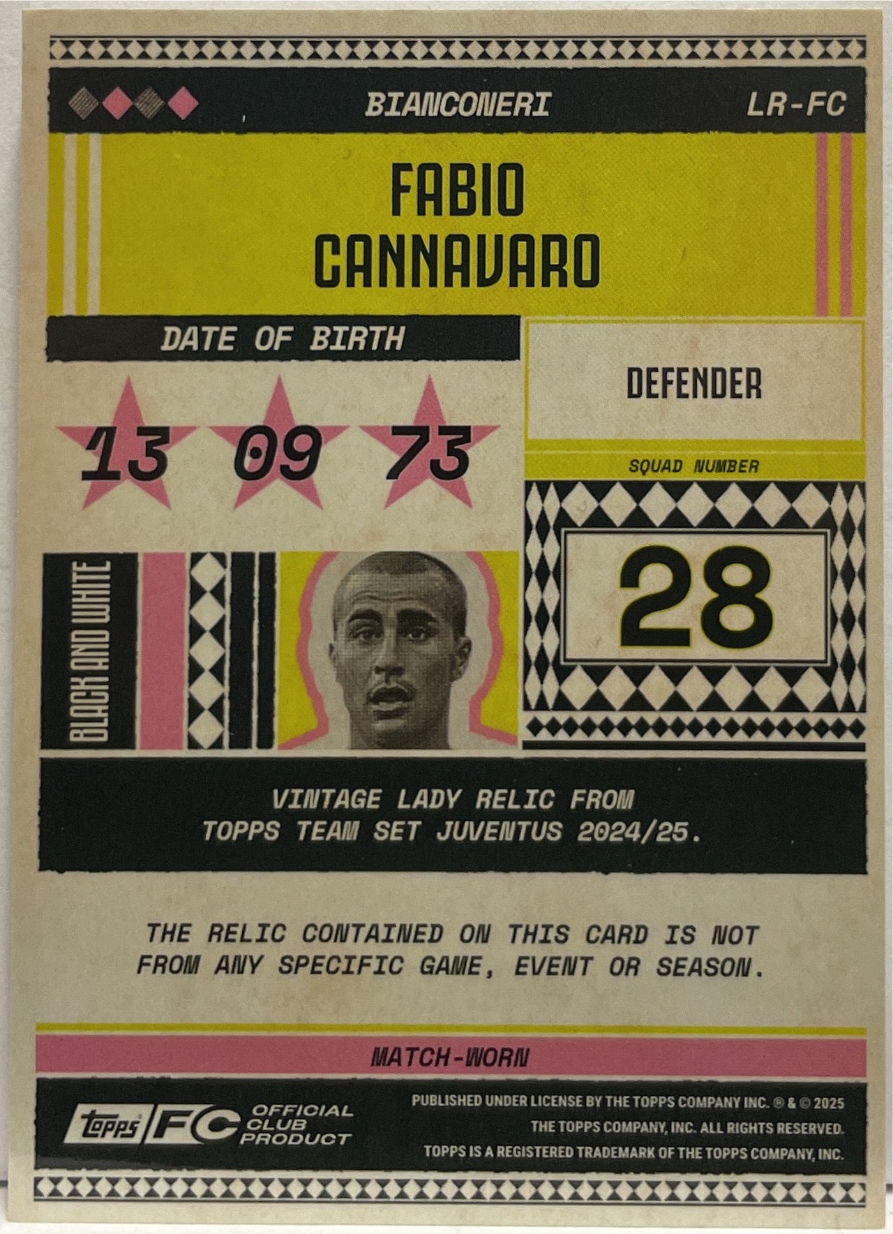 Fabio Cannavaro 17/99 Patch Vintage Lady Relic Pink Topps Juventus Premium Team Set 2024/25