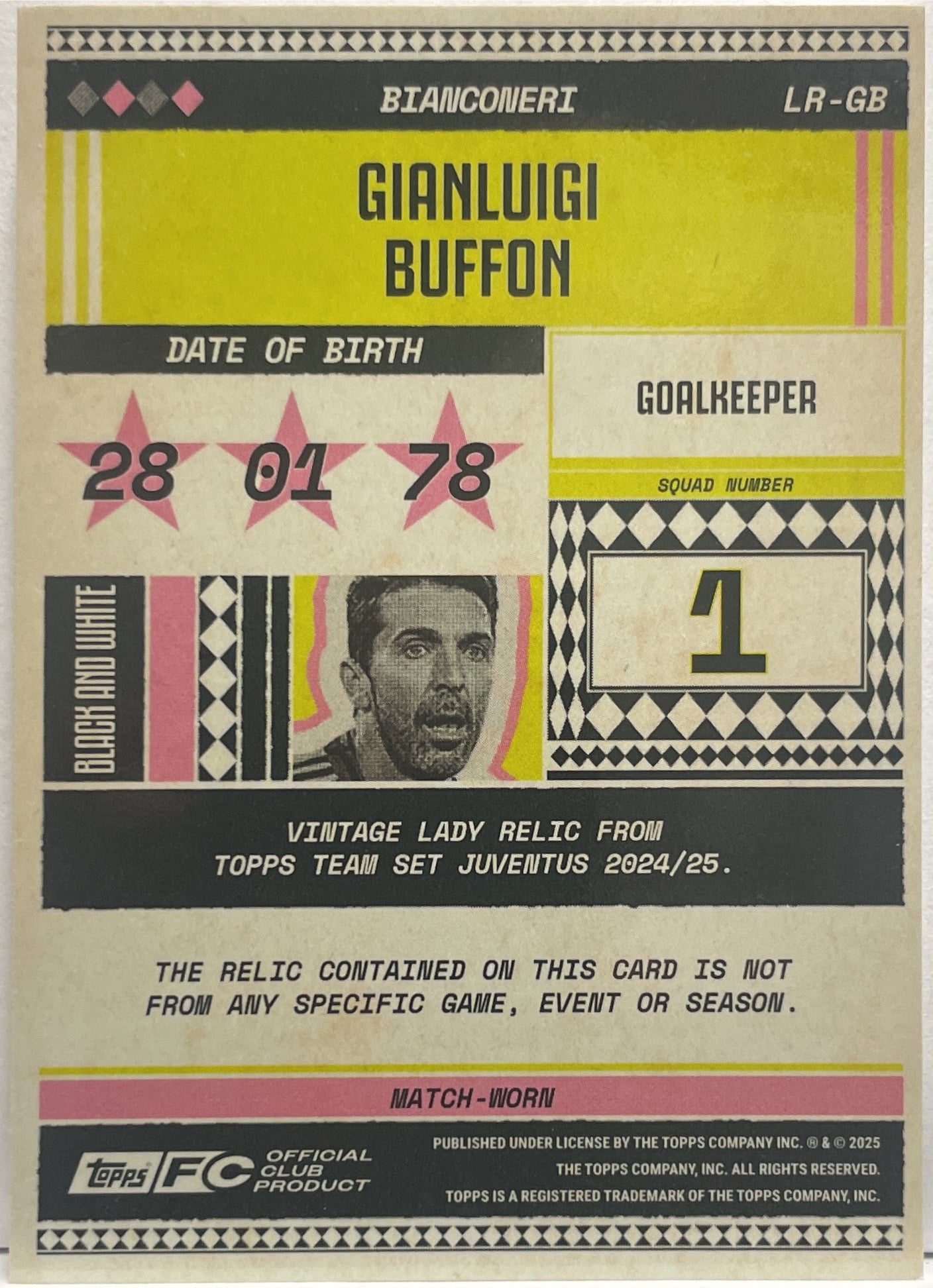 Gianluigi Buffon 247/250 Patch Vintage Lady Relic Topps Juventus Premium Team Set 2024/25
