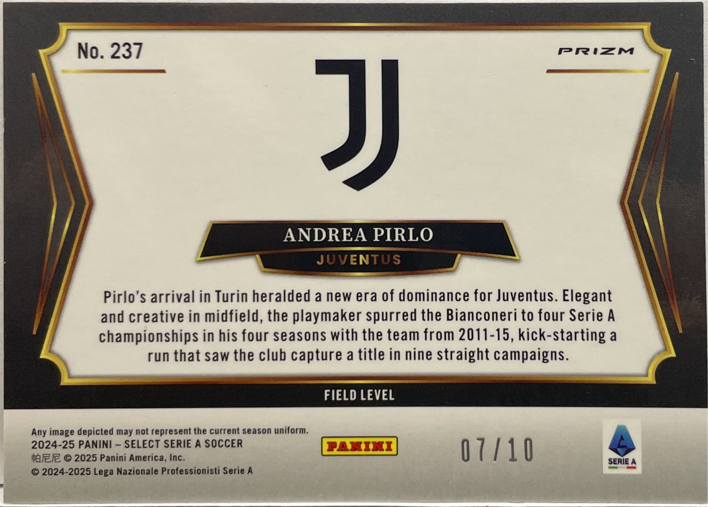 Andrea Pirlo 7/10 Field Level Gold Zebra Select Serie A 2024/25