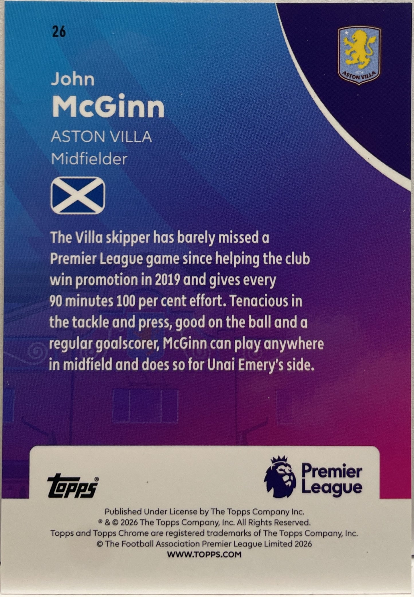 John Mcginn 246/275 Yellow Topps Chrome Premier League EPL 2026