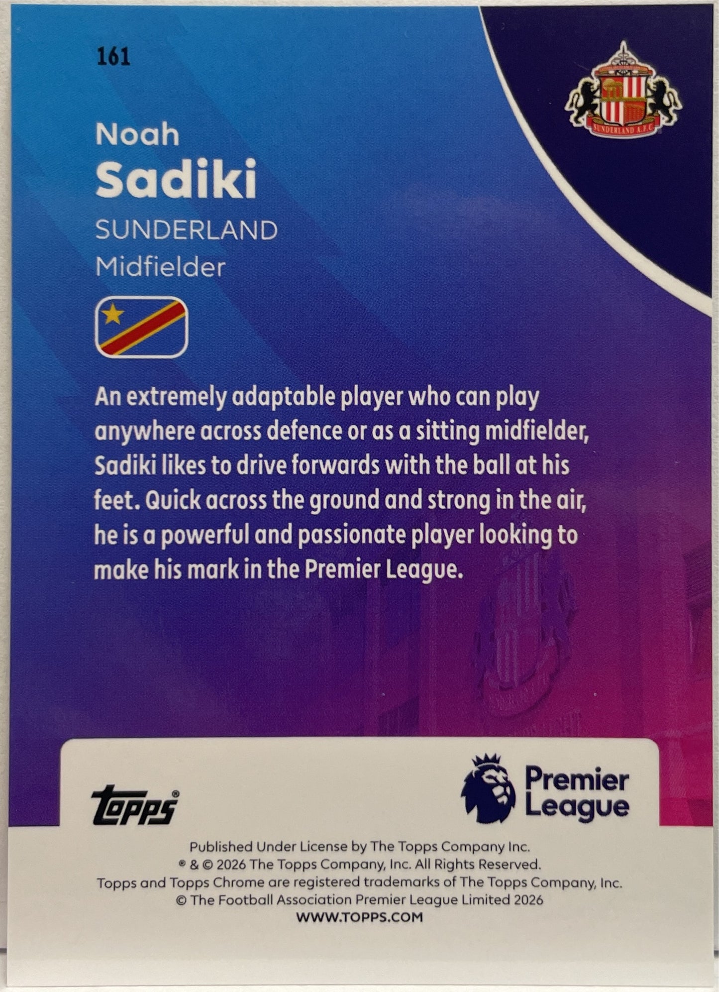Noah Sadiki 149/199 Rookie Aqua RayWave Topps Chrome Premier League EPL 2026