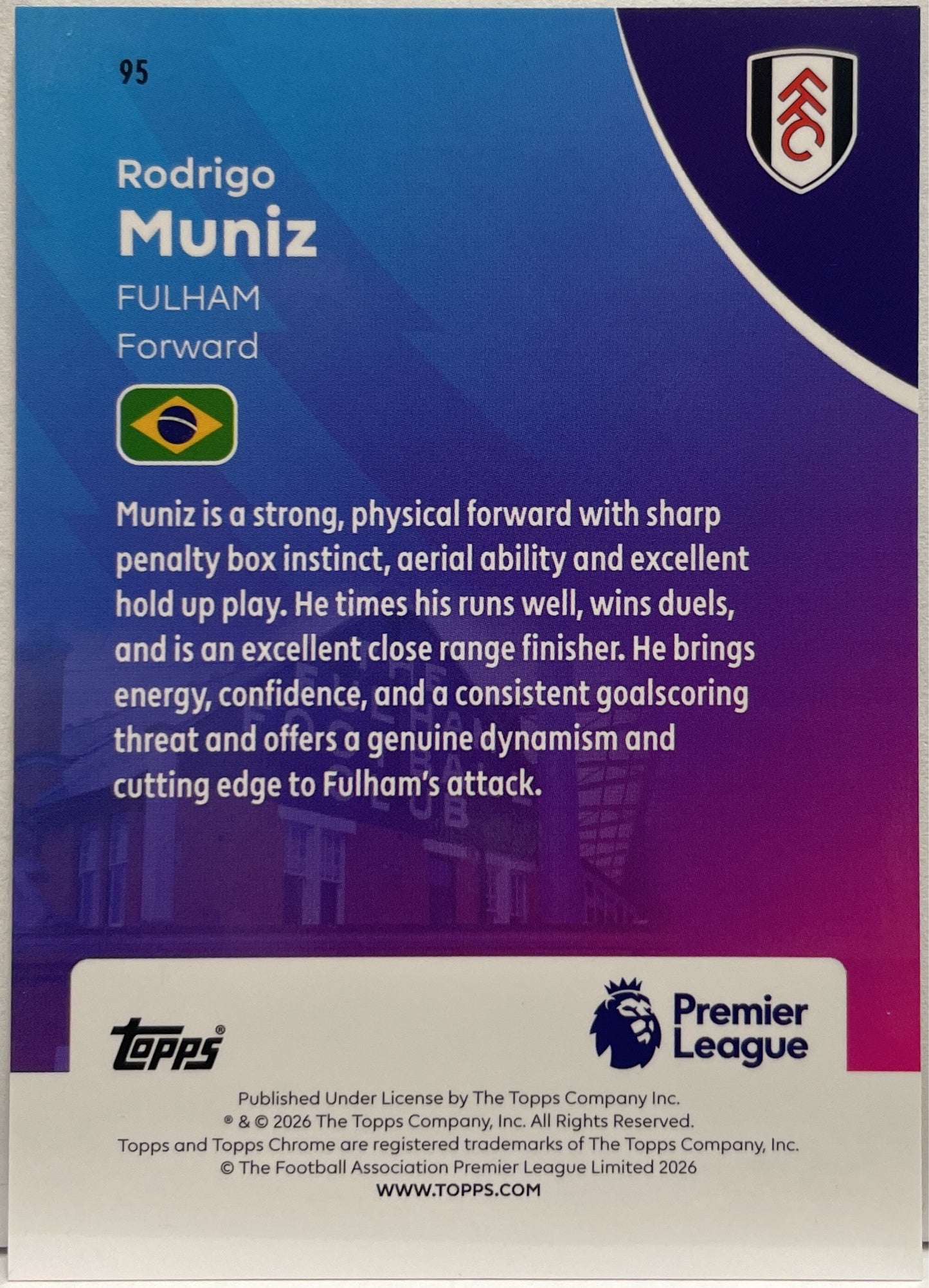 Rodrigo Muniz 93/275 Yellow RayWave Topps Chrome Premier League EPL 2026