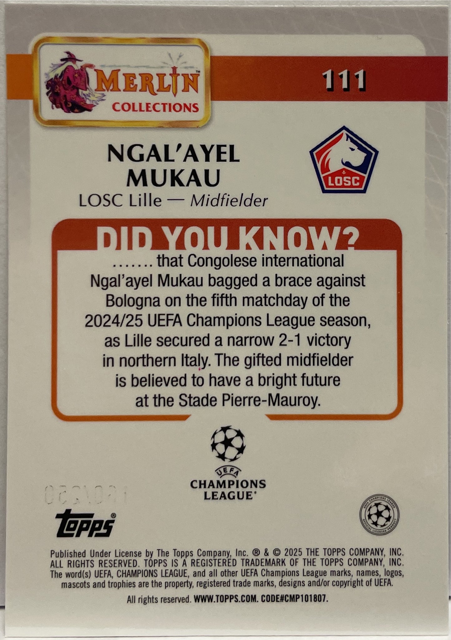 Ngal'Ayel Mukau 49/250 Rookie Rose Gold Speckle Topps Merlin UCC 2024/25