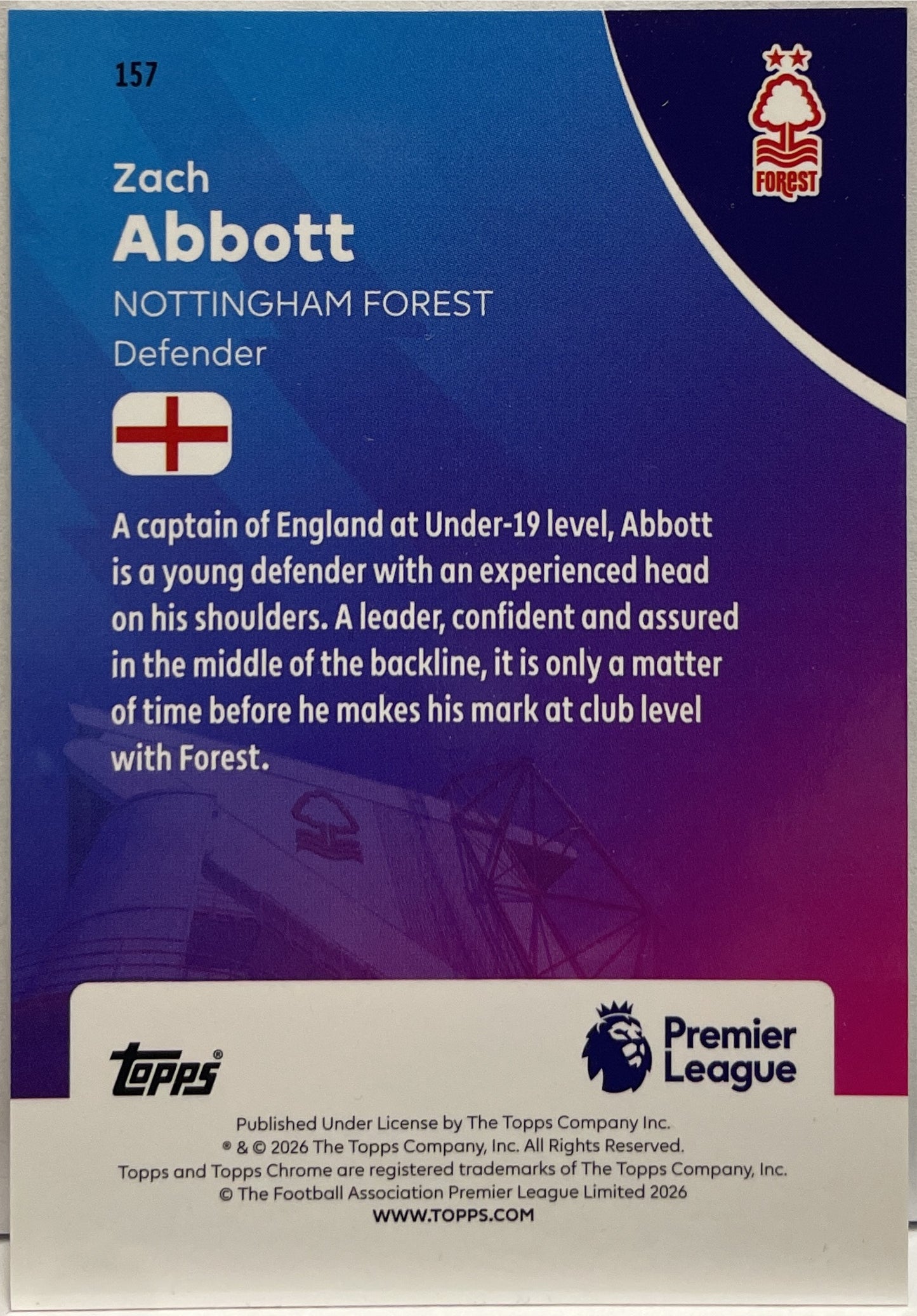 Zach Abbott 130/199 Rookie Aqua RayWave Topps Chrome Premier League EPL 2026