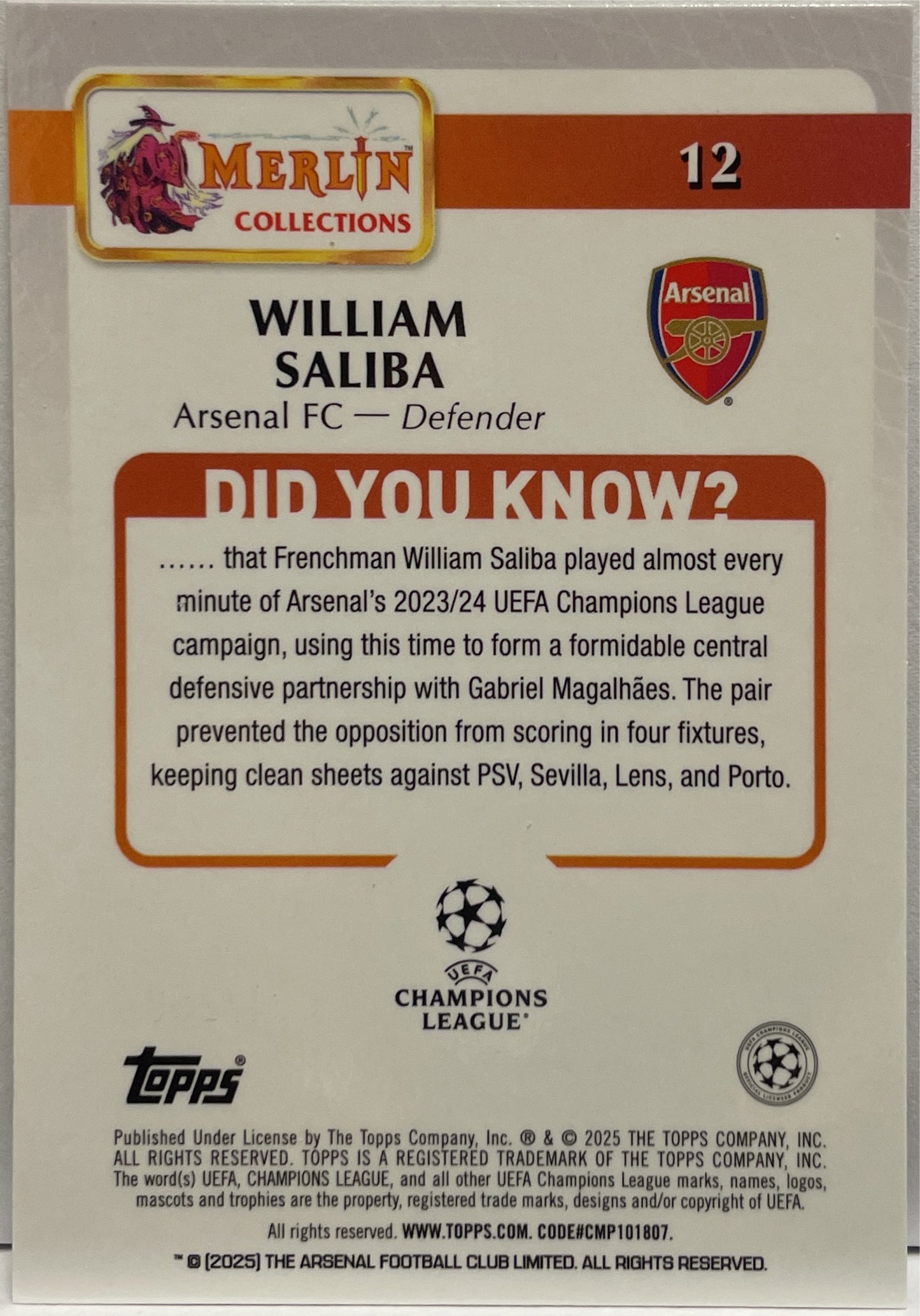 William Saliba 125/250 Rose Gold Speckle Topps Merlin UCC 2024/25