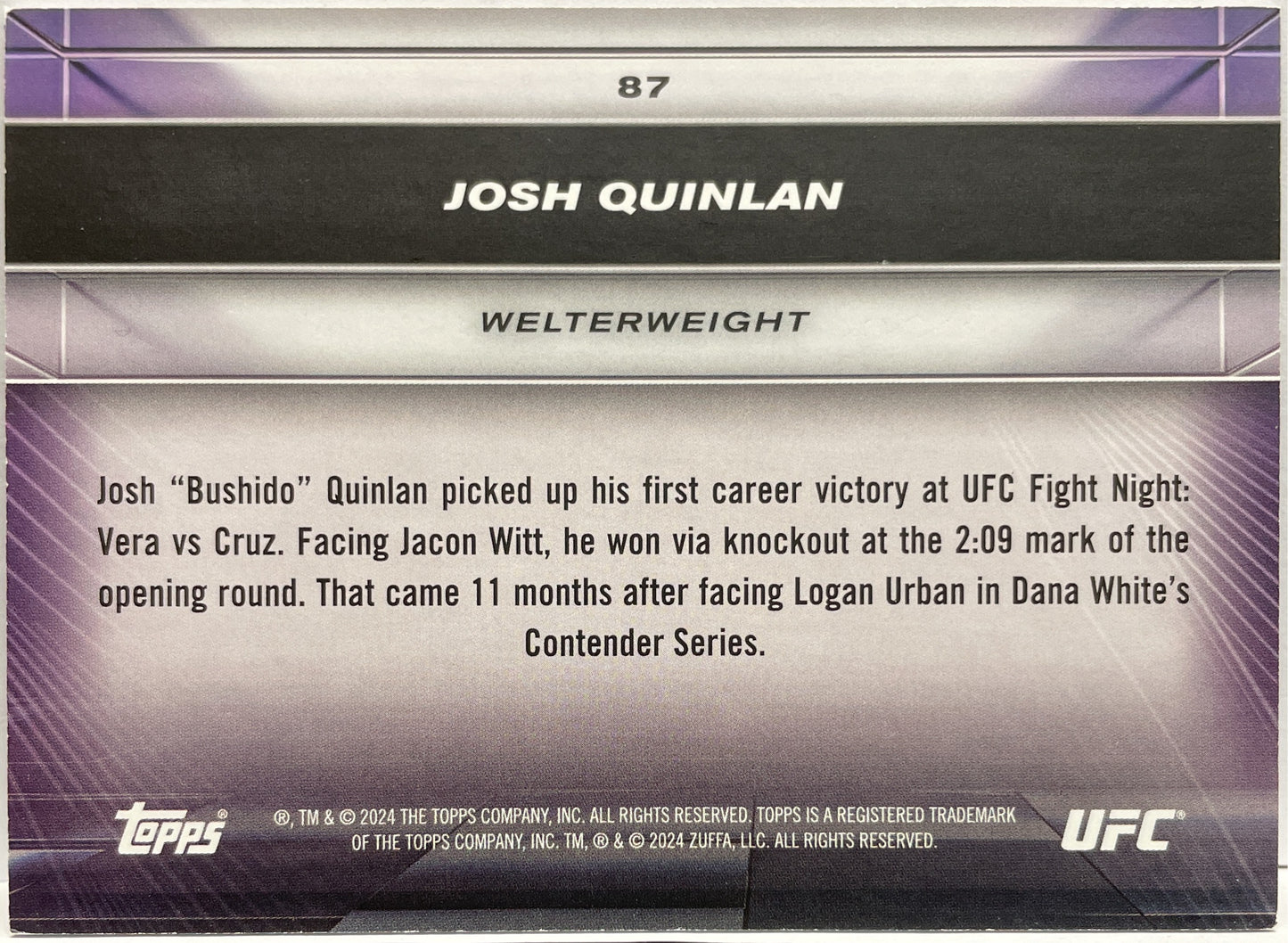 Josh Quinlan 179/250 Rookie Bronze Topps Knockout UFC 2024