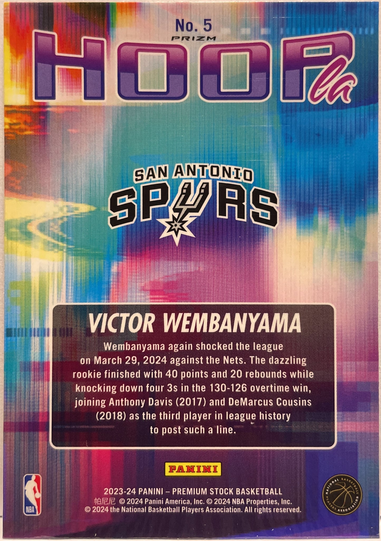 Victor Wembanyama Rookie Panini Hoops Premium Stock Basketball NBA 2023/24