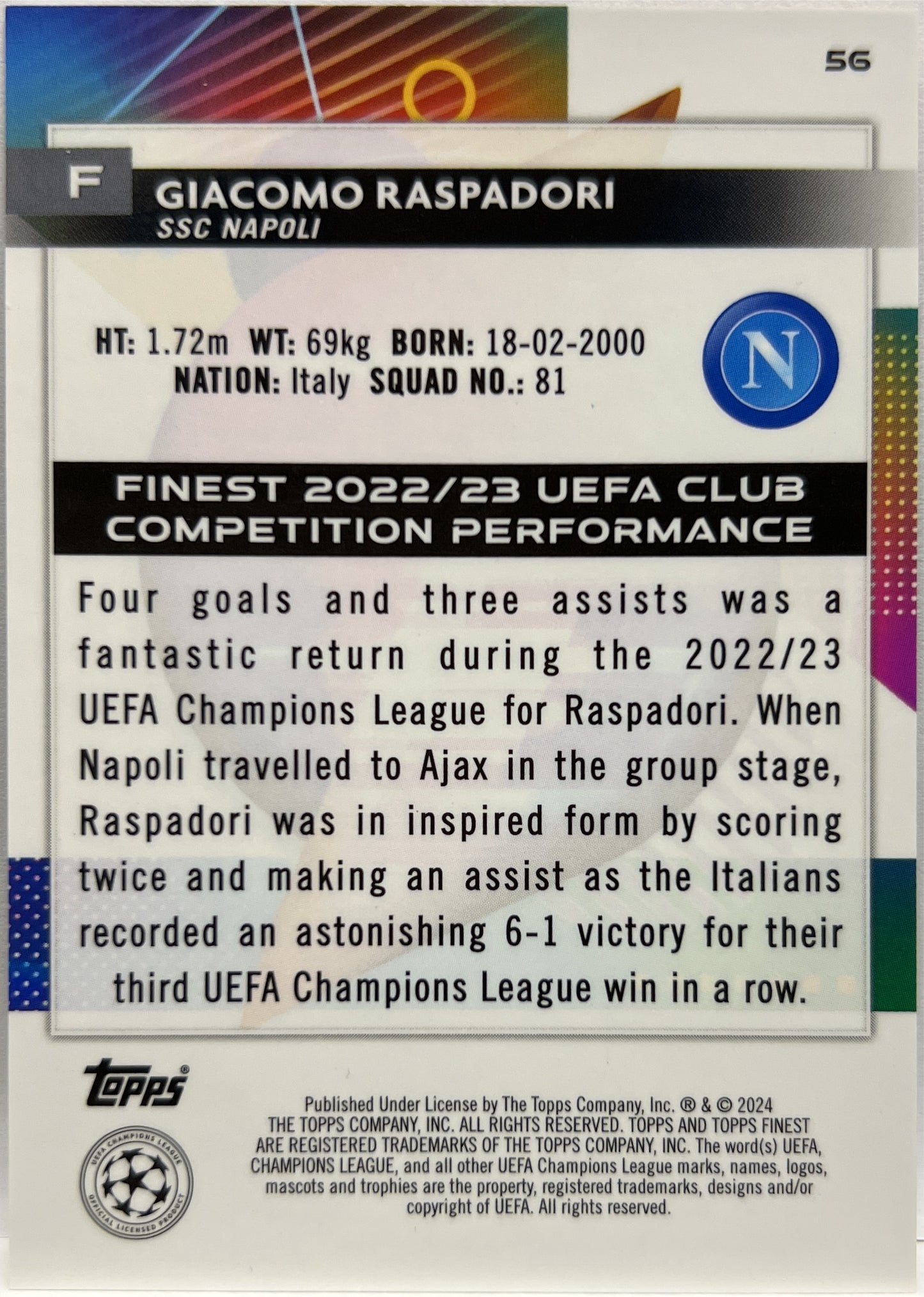 Giacomo Raspadori 1/1 One Of One Superfractor Topps Finest UCC 2023/24