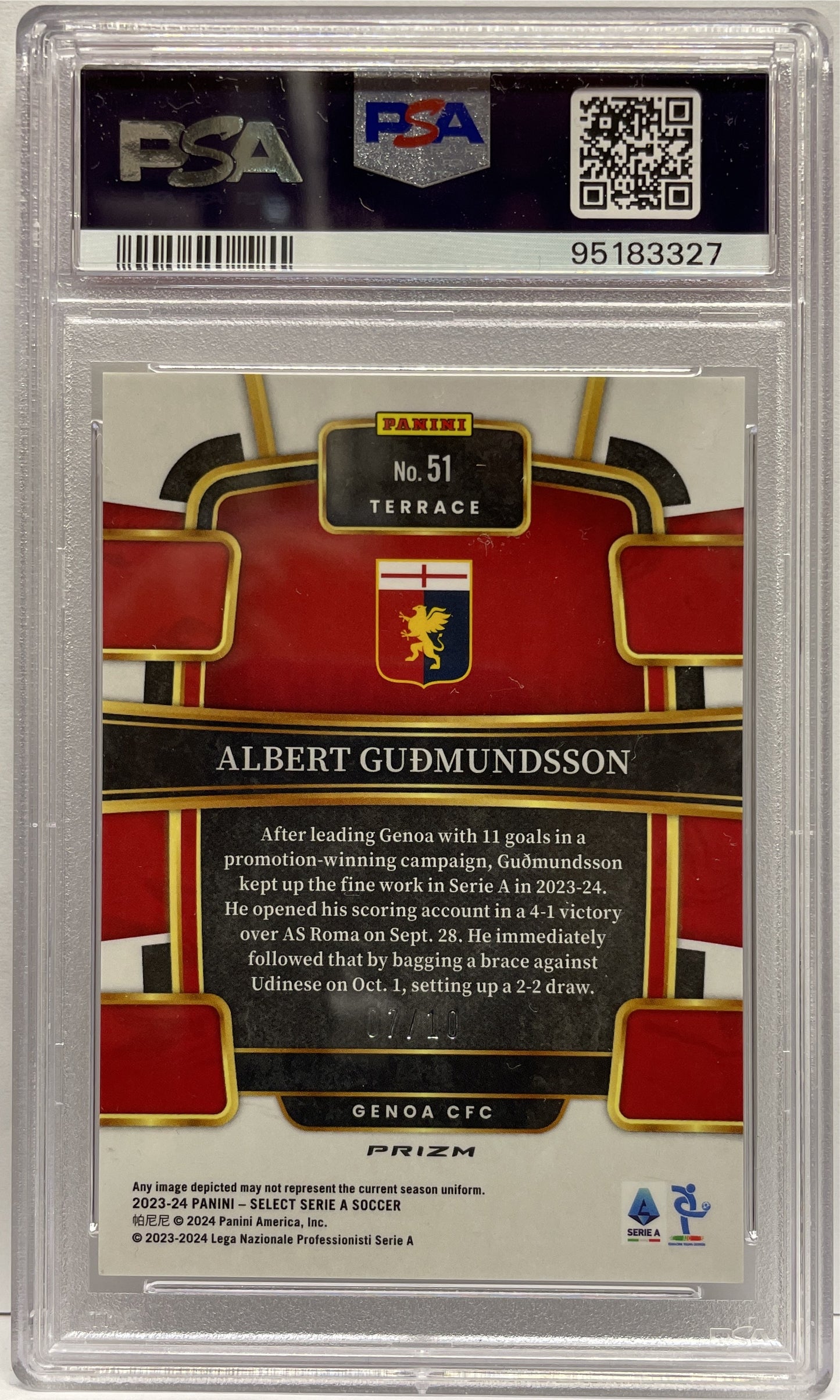 PSA 10 - Albert Gudmundsson 7/10 Rookie Gold - Panini Select Serie A 2023/24