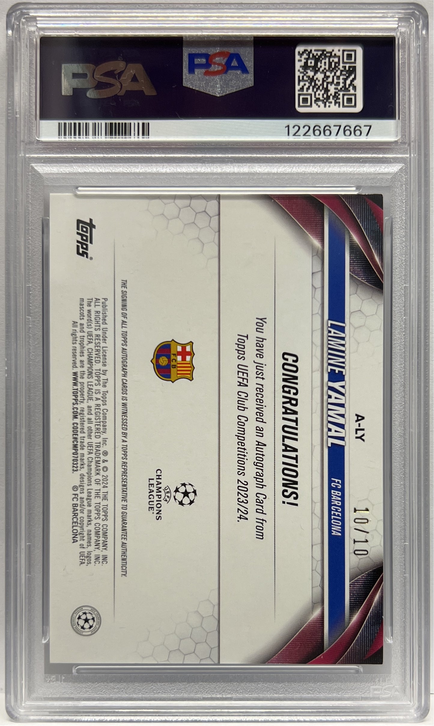 Lamine Yamal 10/10 Rookie Autograph Black Icy Foilboard Topps UCC 2023/24 PSA 7