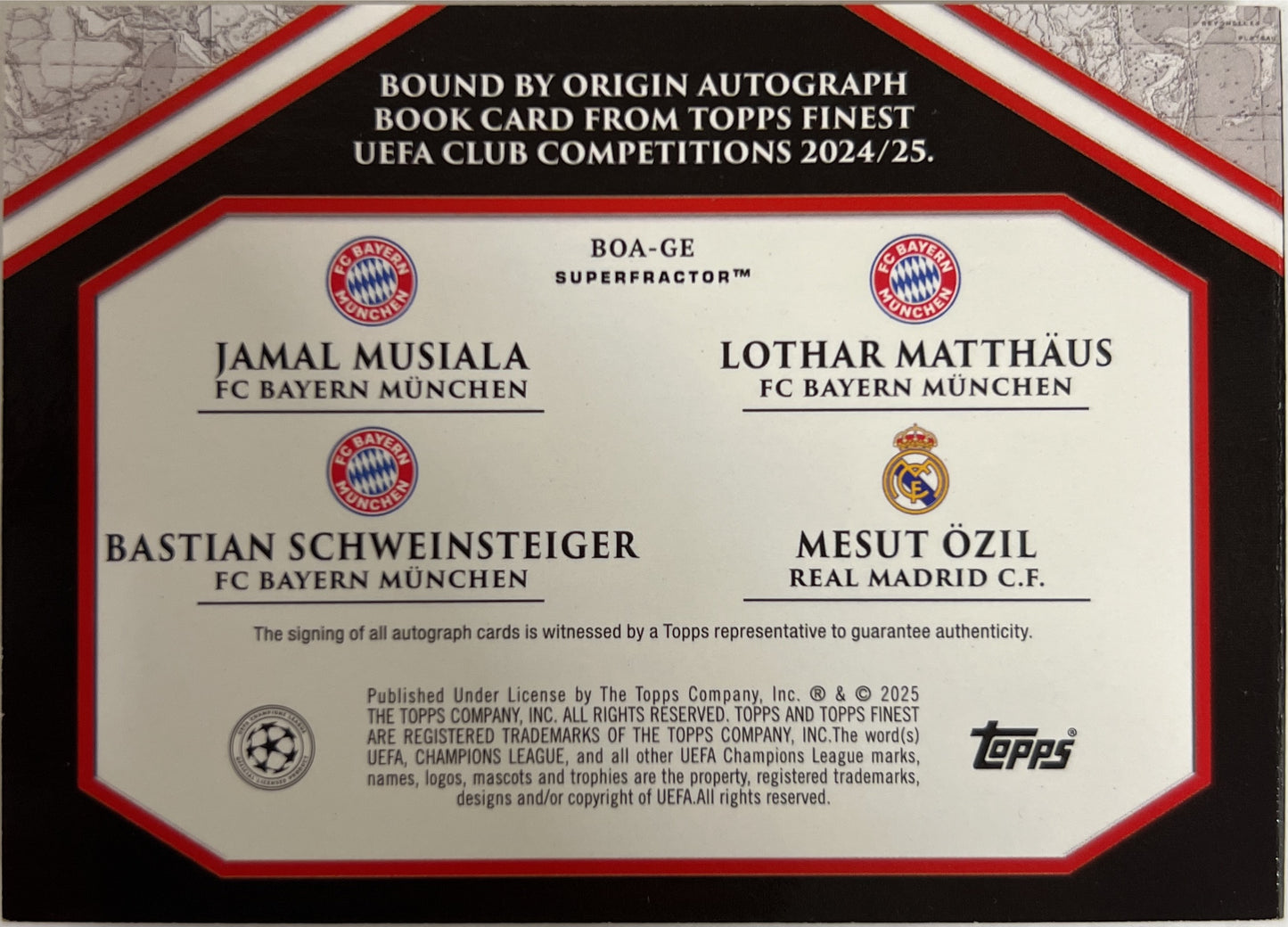 1/1 Musiala Schweinsteiger Matthaus Ozil Booklet Quad Autograph Superfractor Topps Finest UCC 2024/25 Bound By Origin