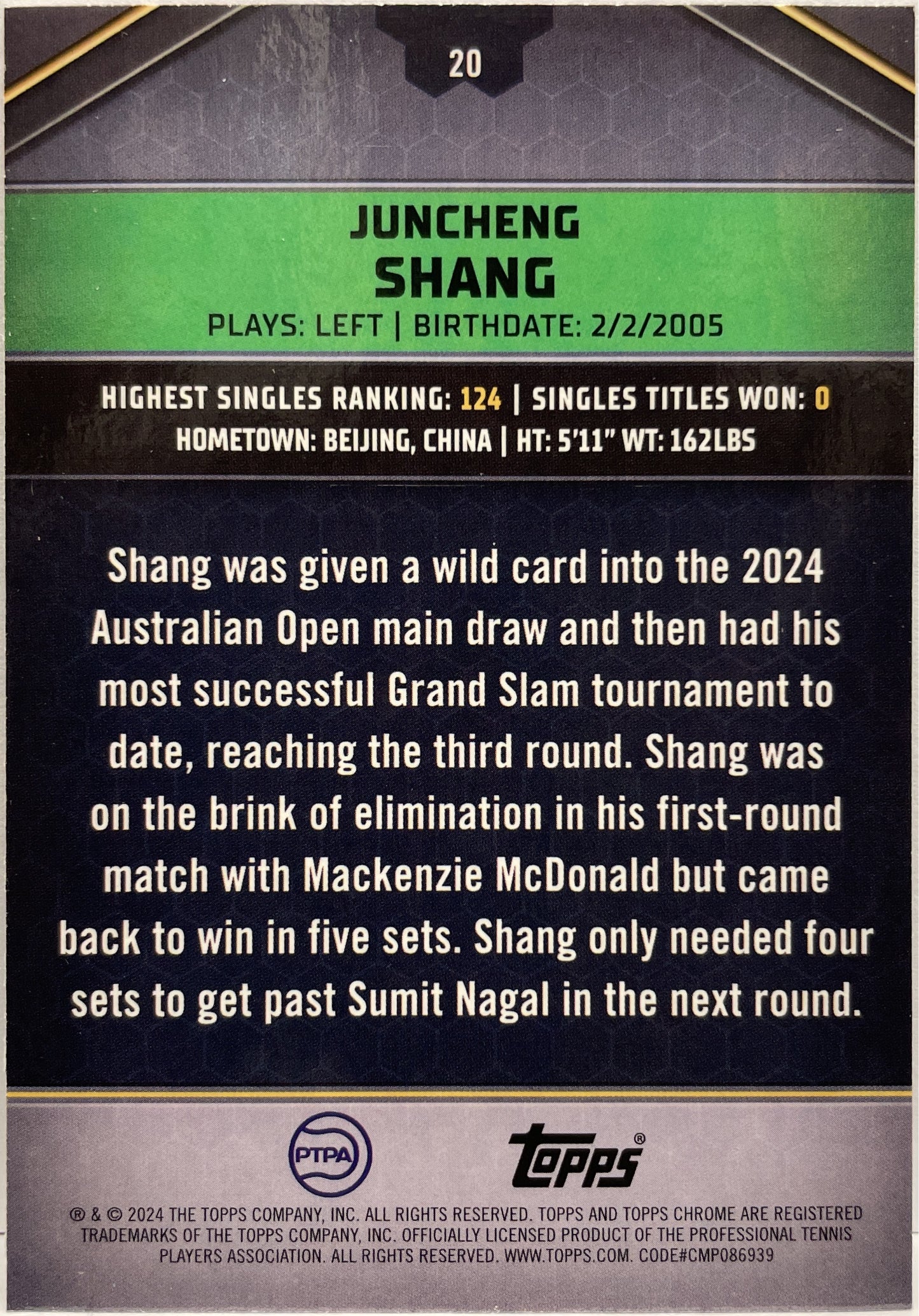 Juncheng Shang 100/199 Rookie Aqua Topps Tennis Graphite 2024