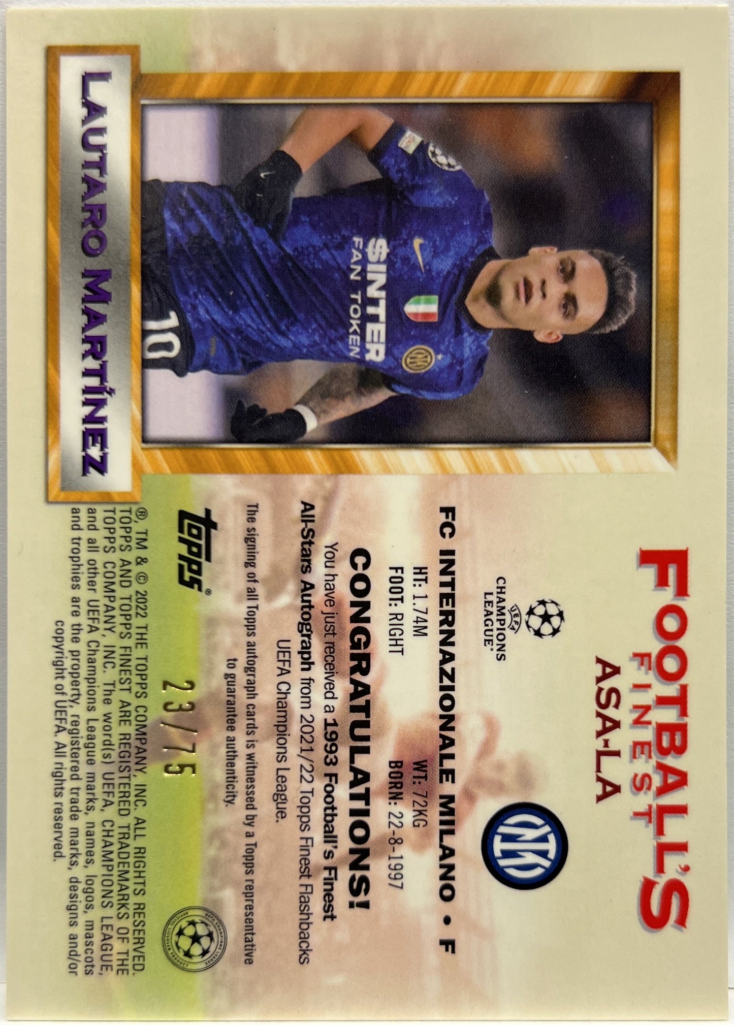 Lautaro Martinez 23/75 Autograph All Star Topps Finest Flashback 2021/22