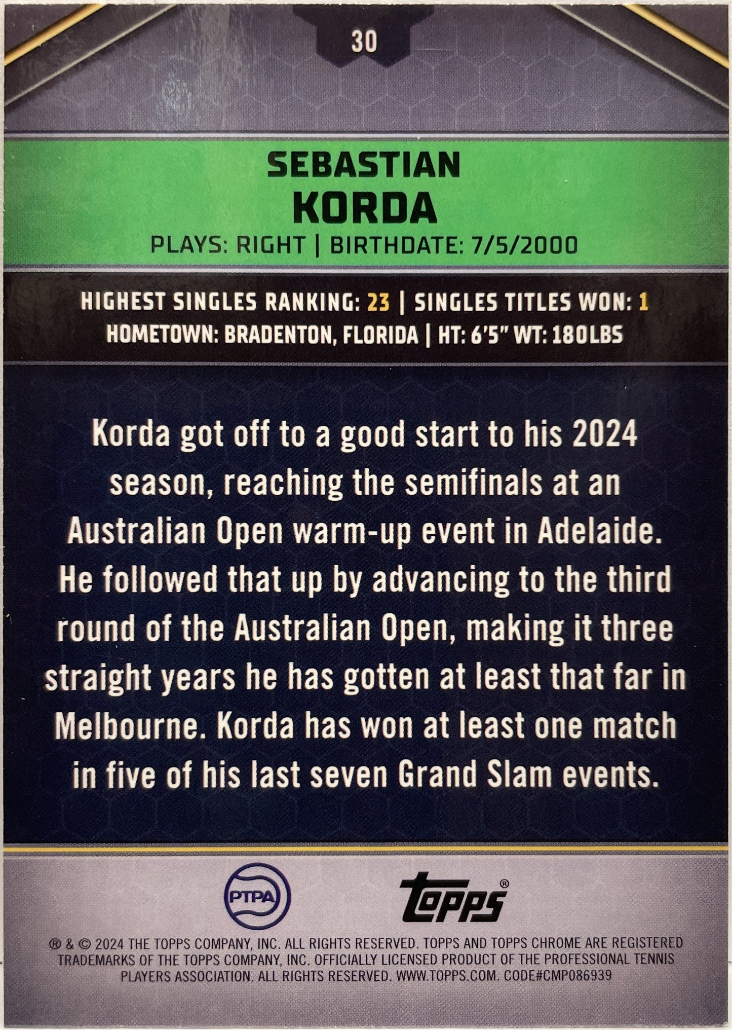 Sebastian Korda 14/50 Blue Topps Tennis Graphite 2024