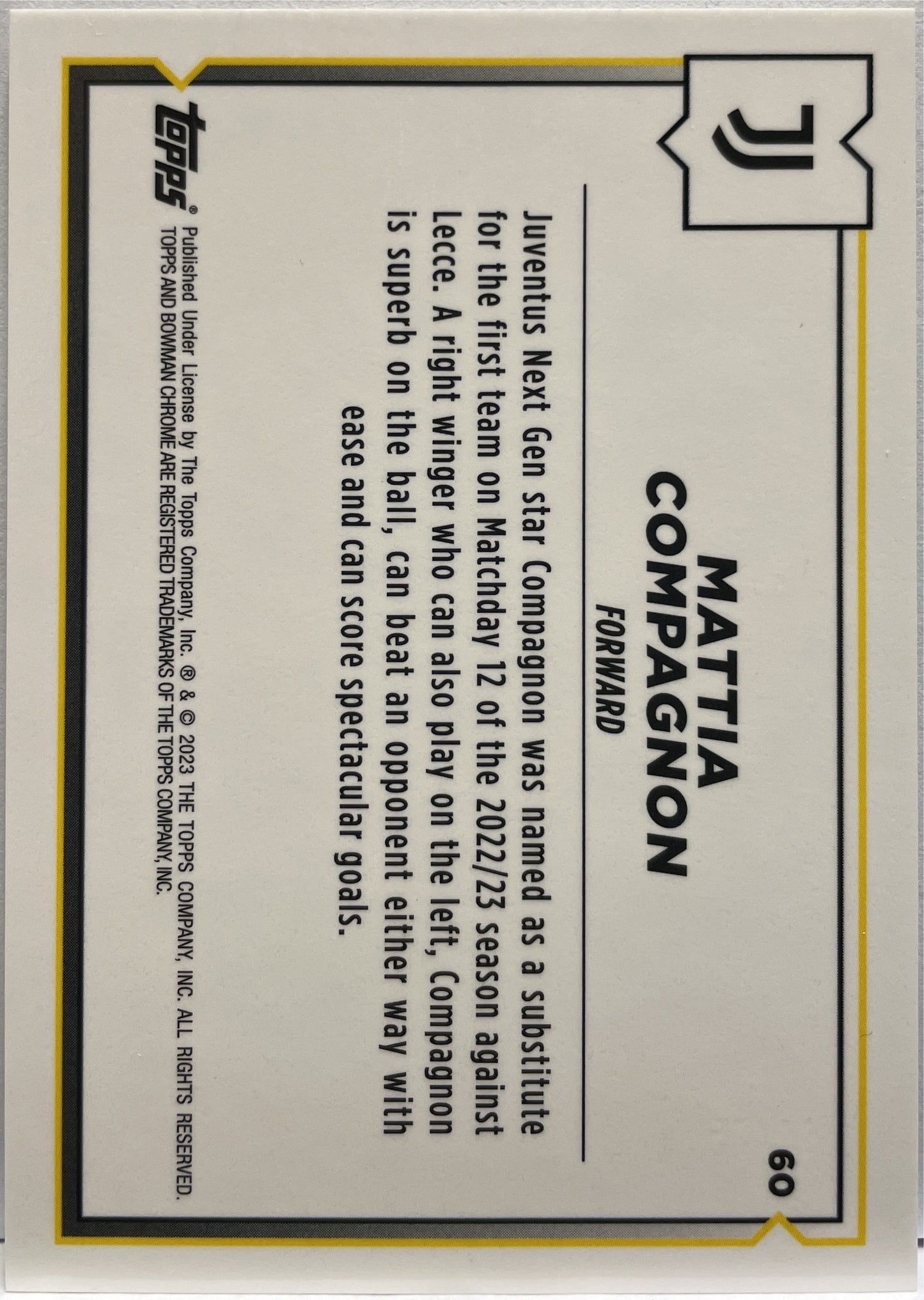 Mattia Compagnon 22/75 1ST Bowman Zebra Topps Chrome Juventus 2022/23