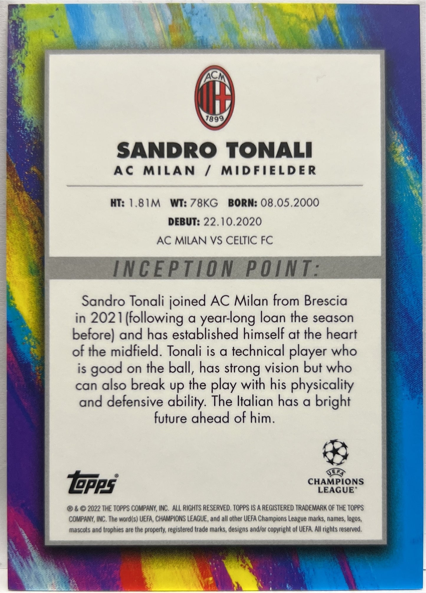 Sandro Tonali 17/25 Star Quality Purple Topps Inception 2021/22