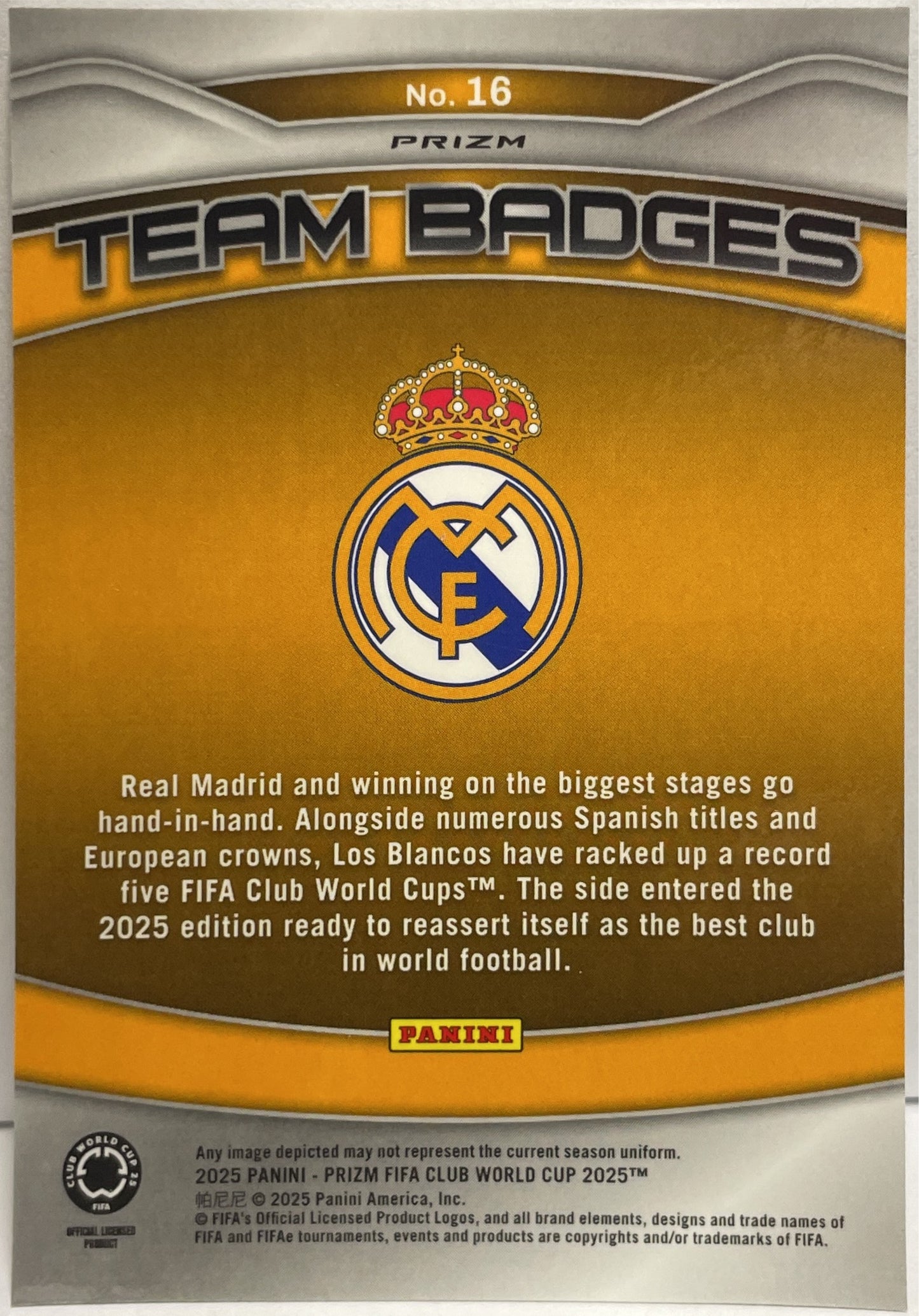 Real Madrid Team Badge Refractor Panini Prizm Fifa Club World Cup 2025