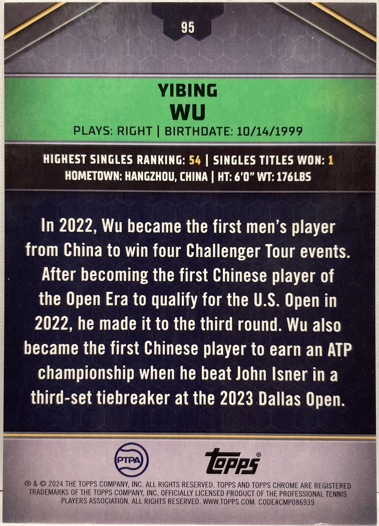 Yibing Wu 10/15 Topps Tennis Graphite 2024