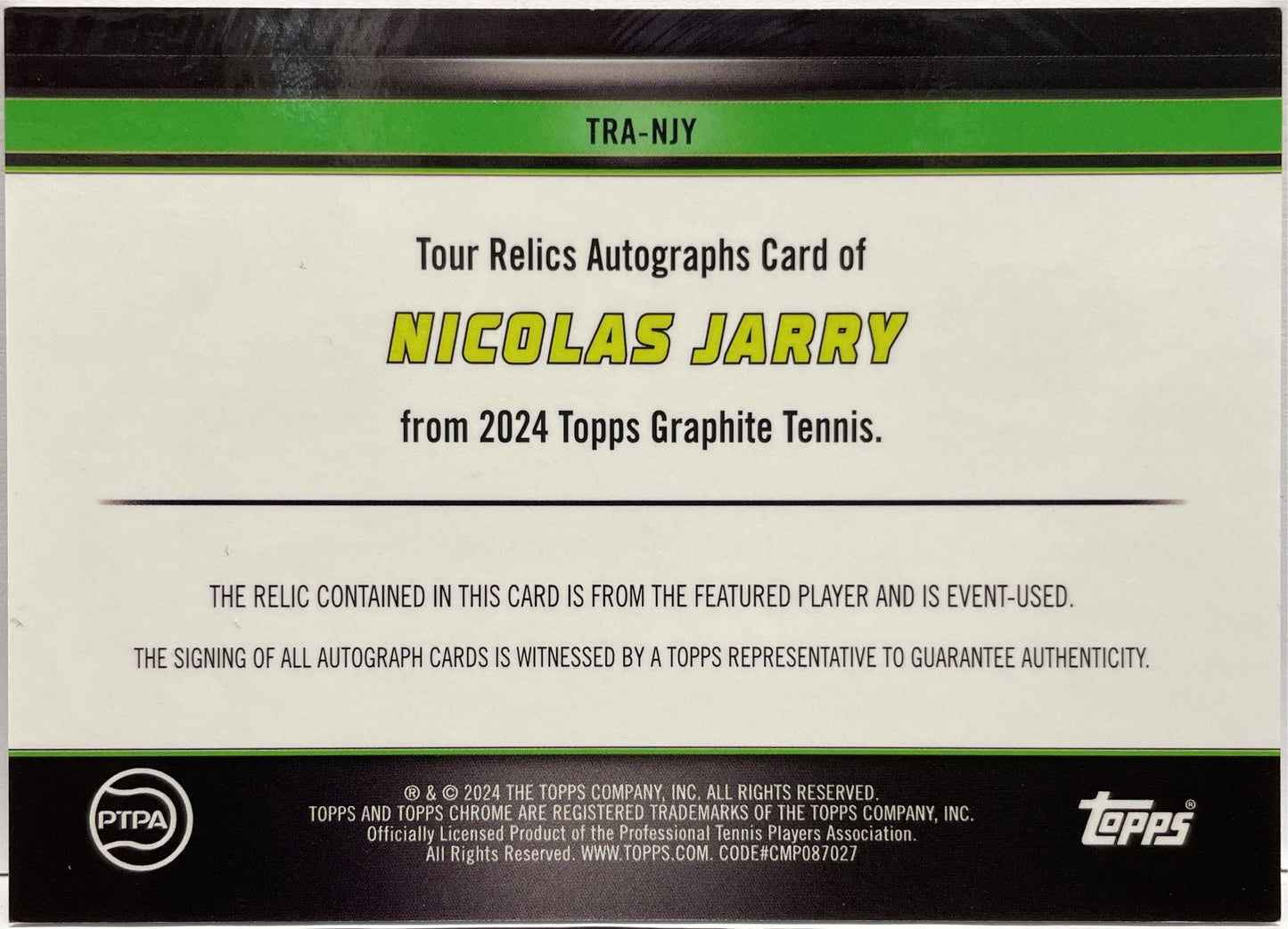 Nicolas Jarry 2/15 Patch Autograph Topps Tennis Graphite 2024