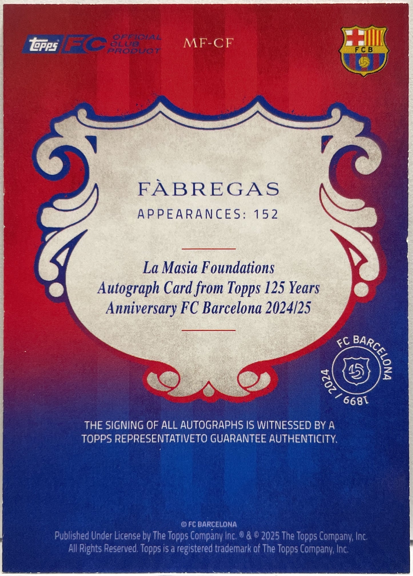 Cesc Fabregas 72/75 Autograph Blue Topps Barcelona 125 2024/25