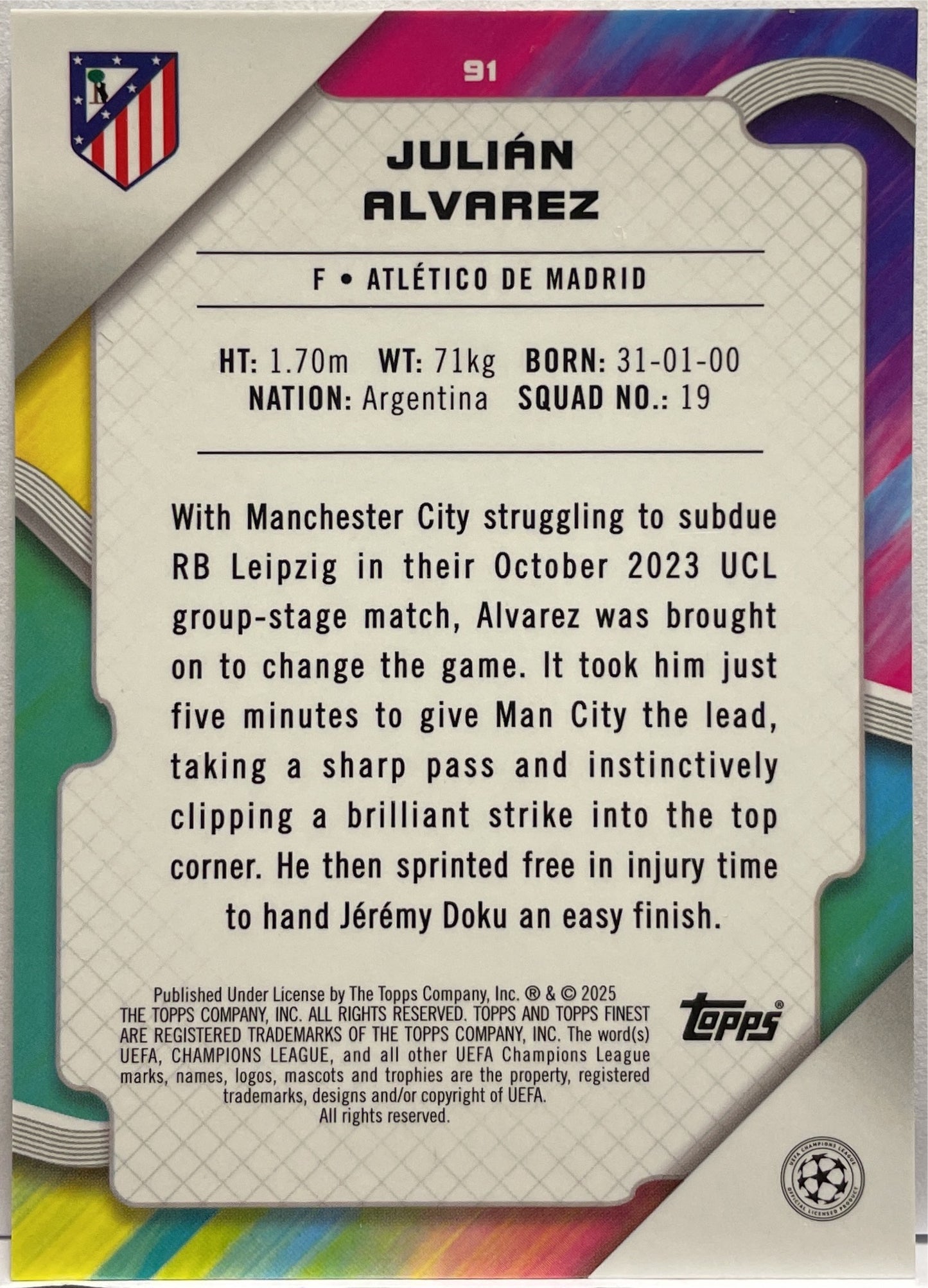 Julian Alvarez 6/50 Gold Mini Diamond Topps Finest UCC 2024/25