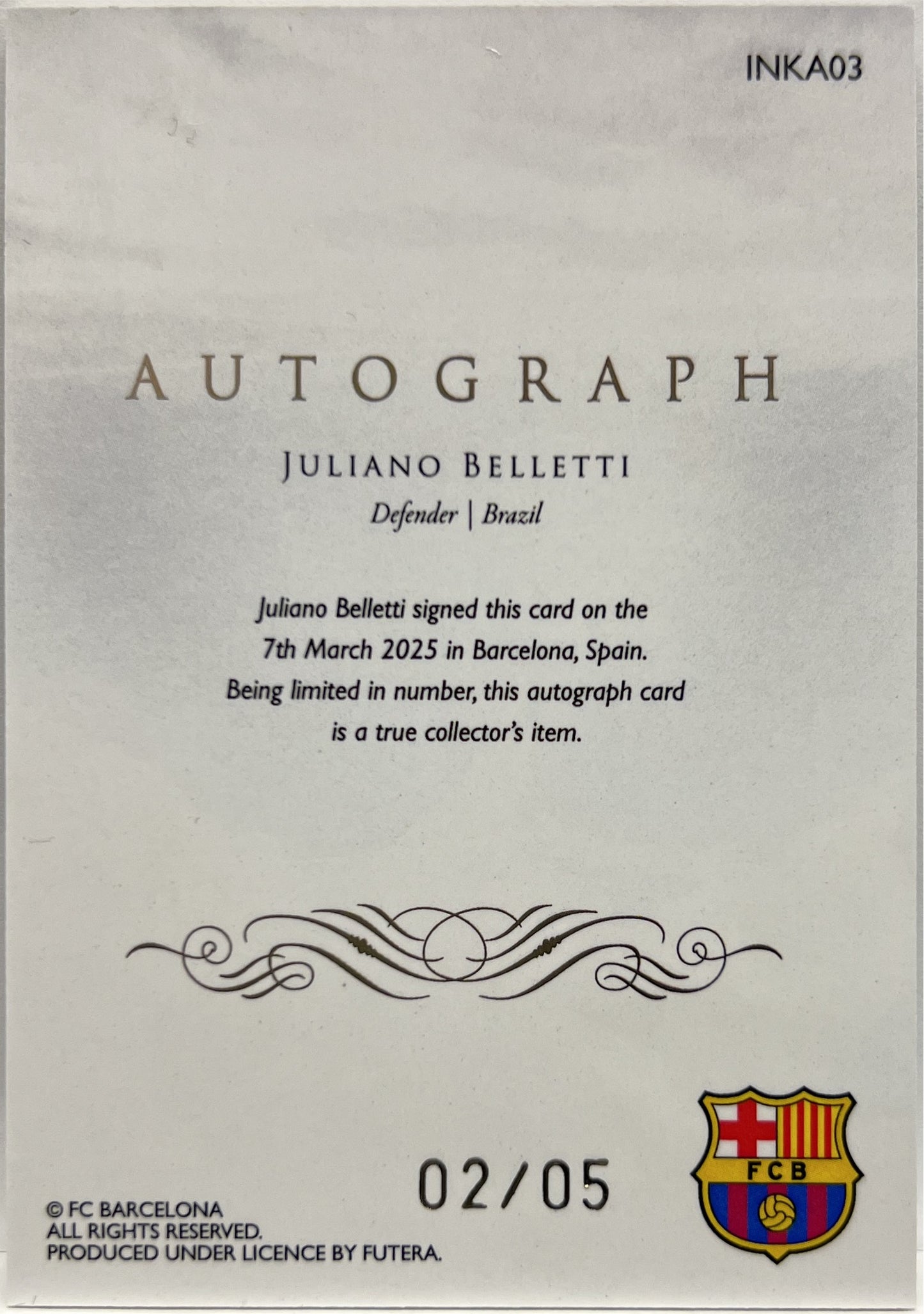 Juliano Belletti 2/5 Autograph On Card Futera FC Barcelona FX 2024/25