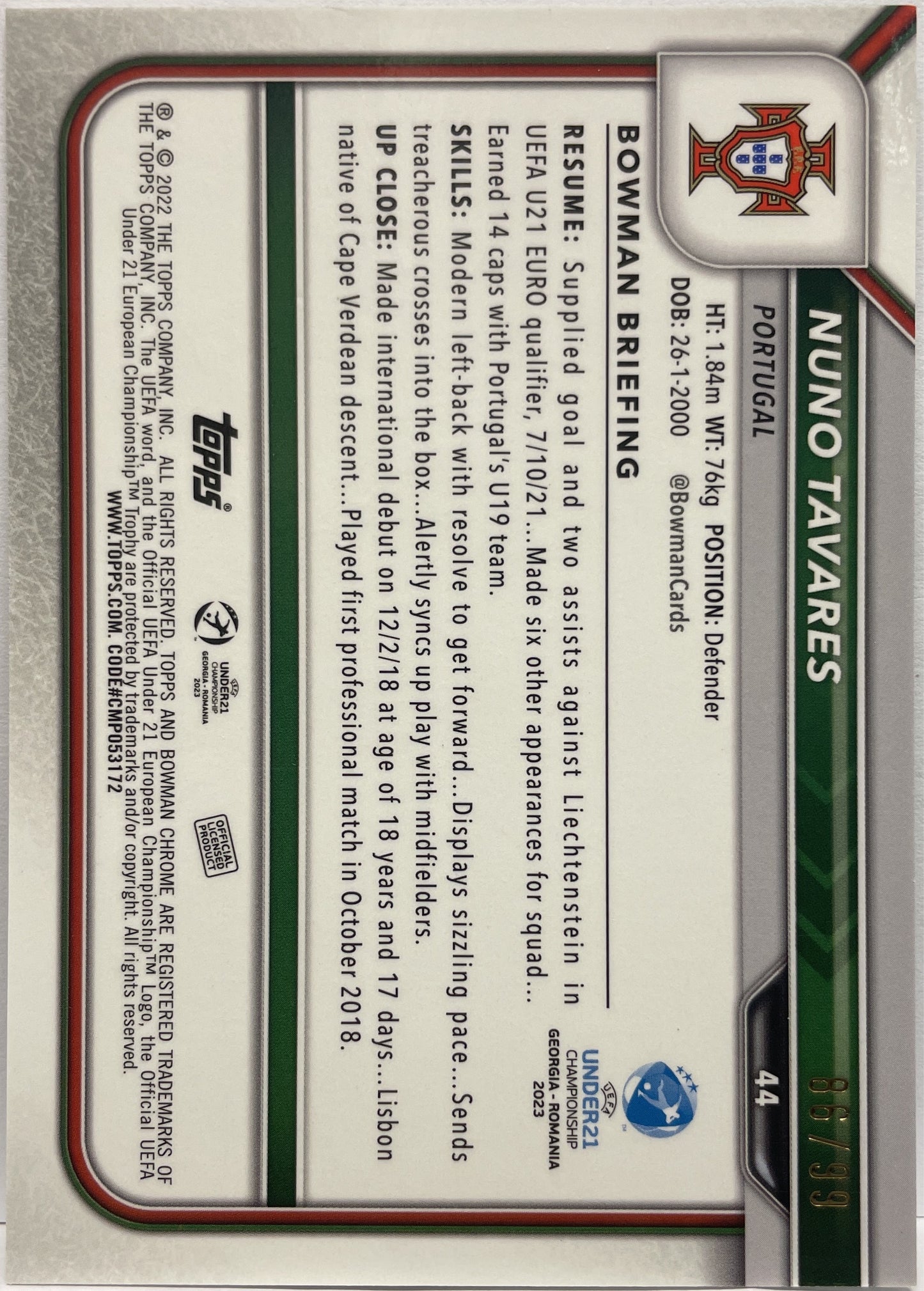 Nuno Tavares 86/99 Bowman Green Diamond Topps Uefa U21 2023