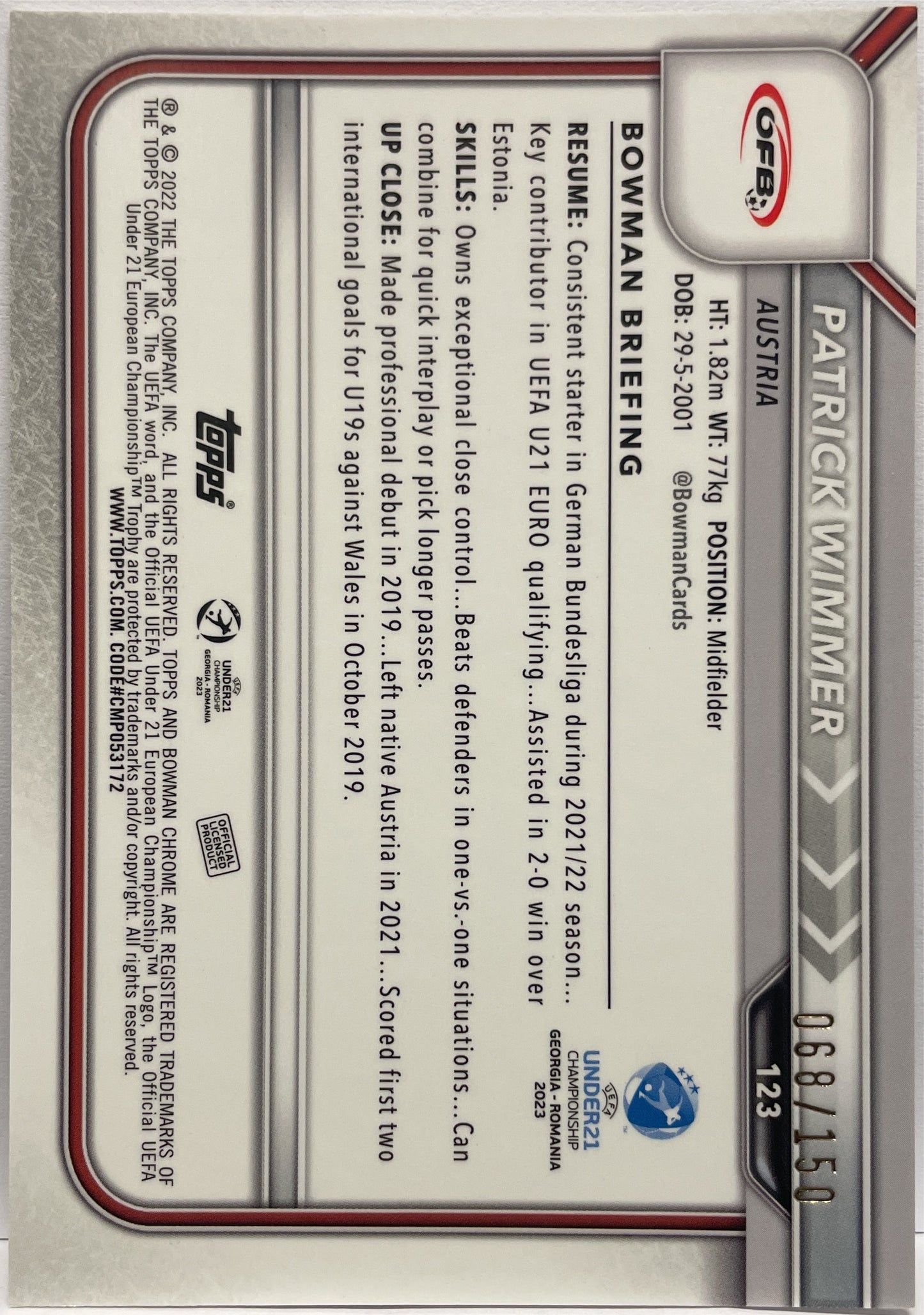 Patrick Wimmer 68/150 1ST Bowman Pink Topps Uefa U21 2023