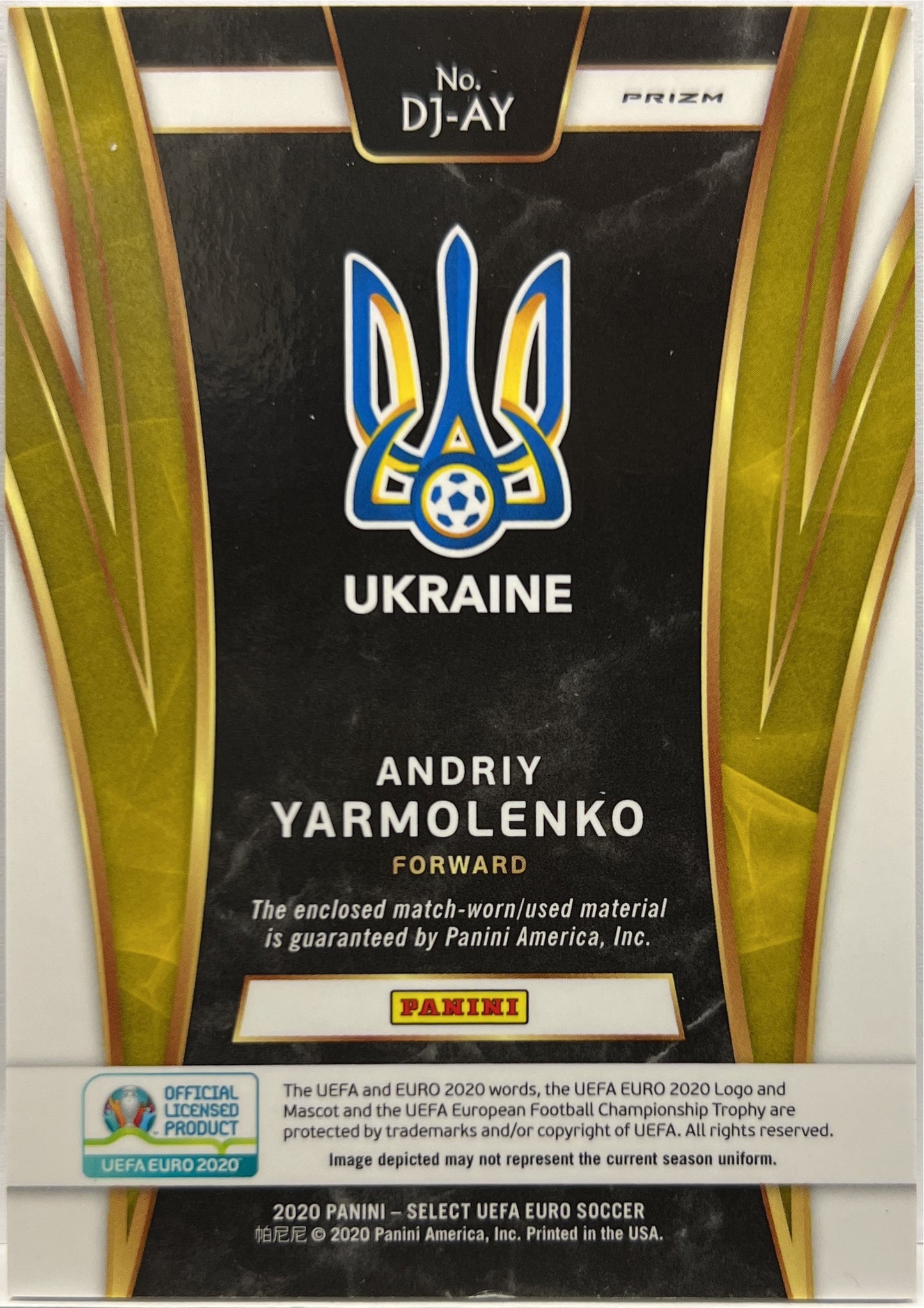 Andriy Yarmolenko Game Worn Dual Patch Jersey Select Uefa Euro 2020