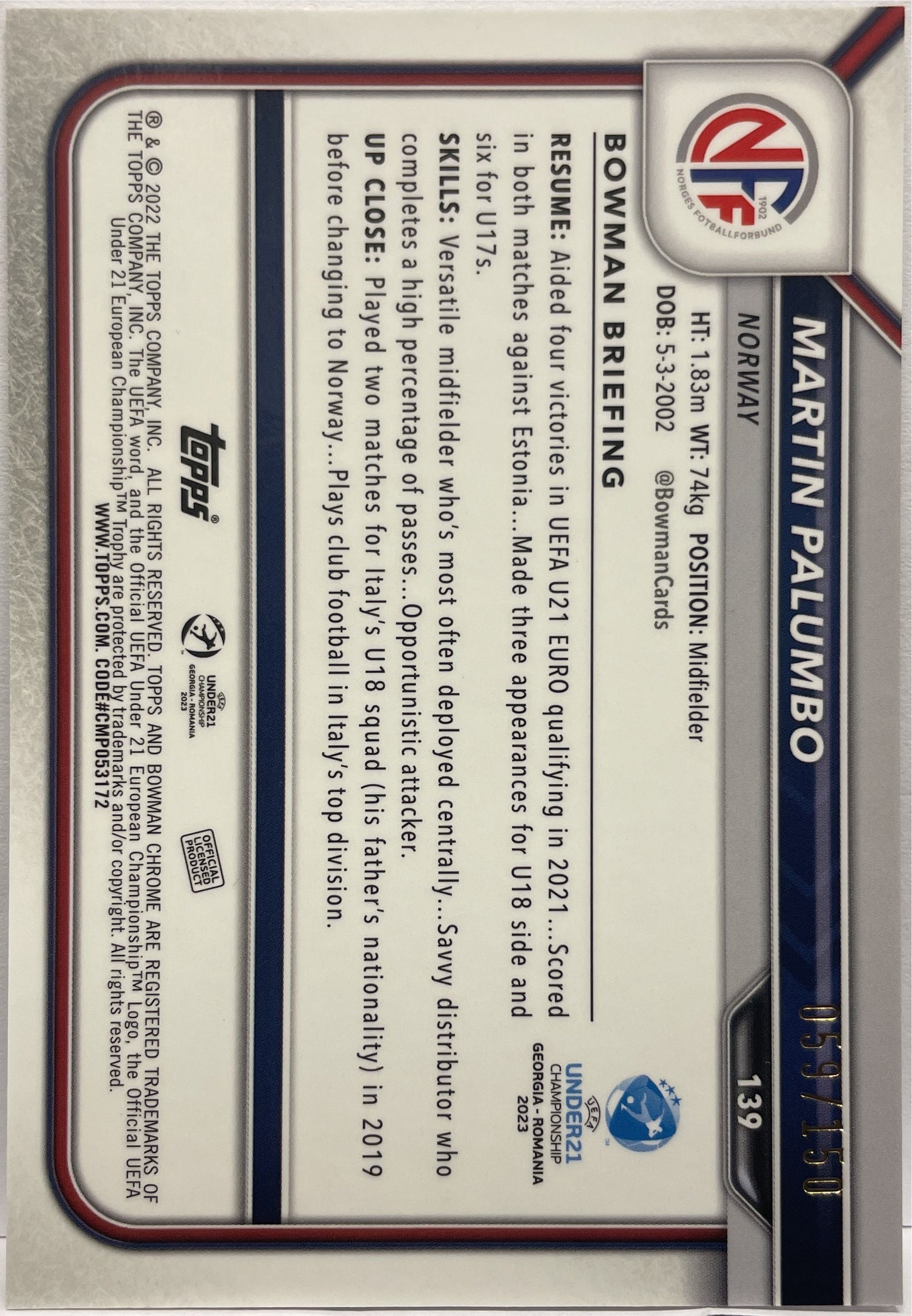 Martin Palumbo 59/150 1ST Bowman Pink Topps Uefa U21 2023