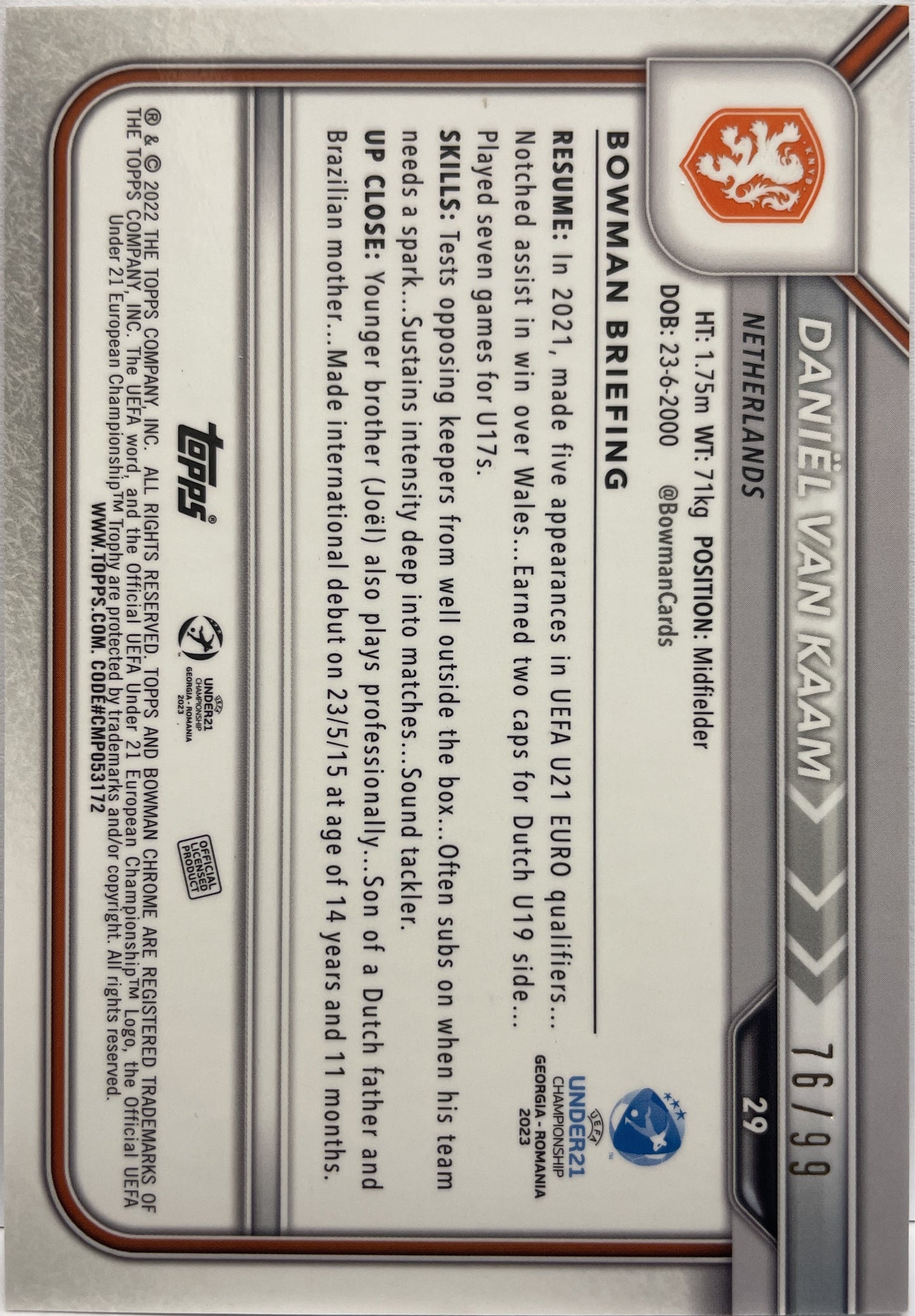 Daniel Van Kaam 76/99 1ST Bowman Green Diamond Topps Uefa U21 2023