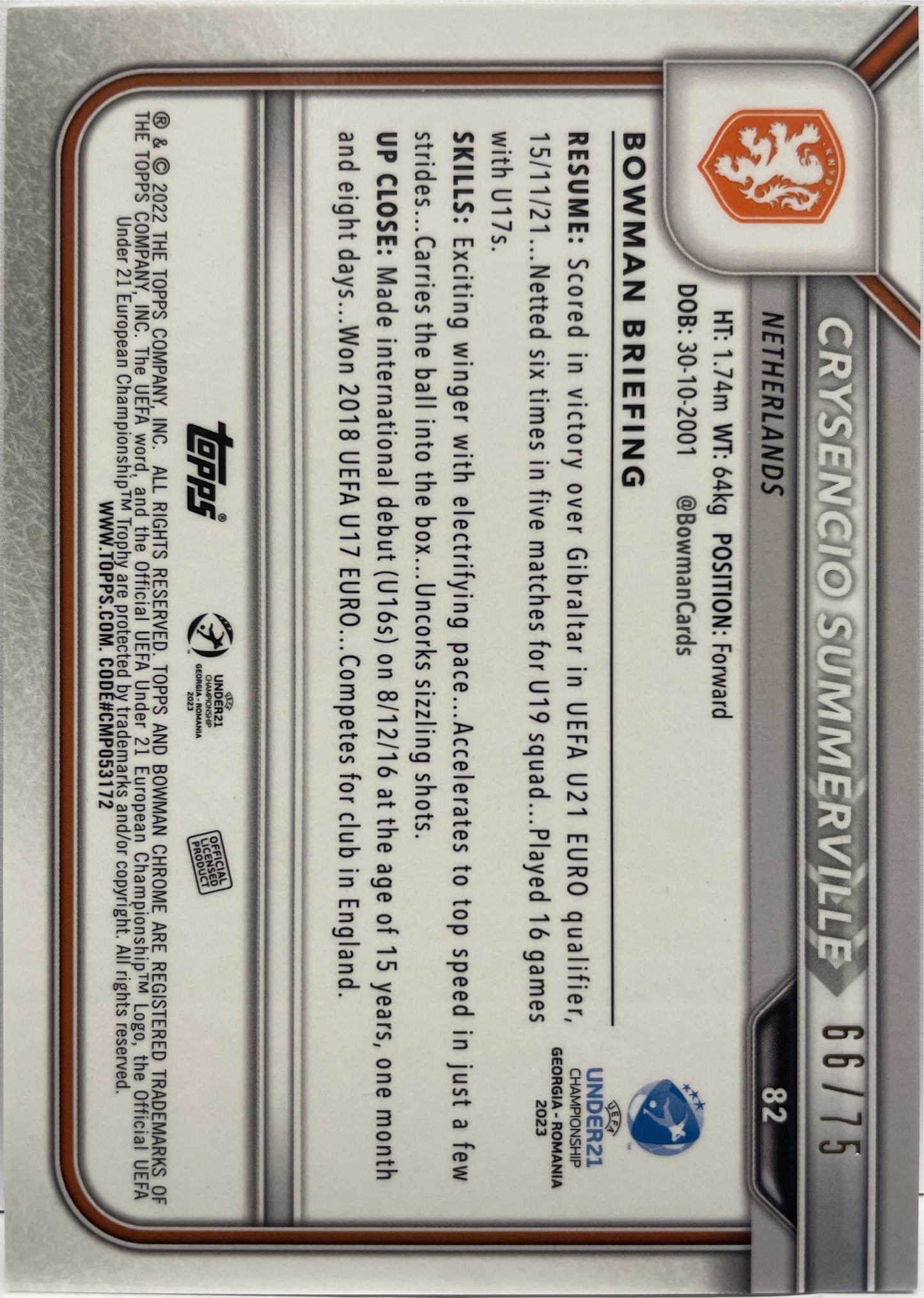 Crysencio Summerville 66/75 1ST Bowman Orange Topps Uefa U21 2023