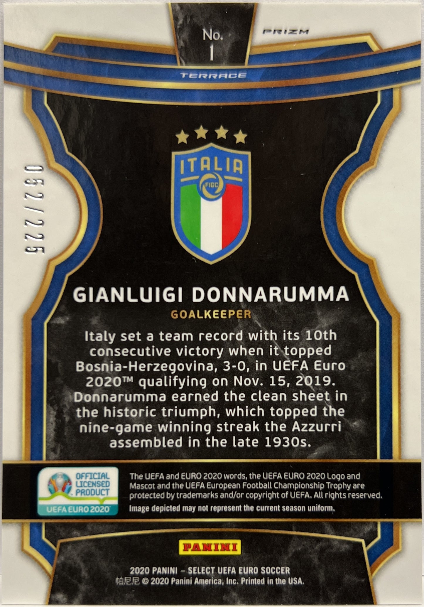 Gianluigi Donnarumma 52/225 Terrace Blue Prizm Select Uefa Euro 2020