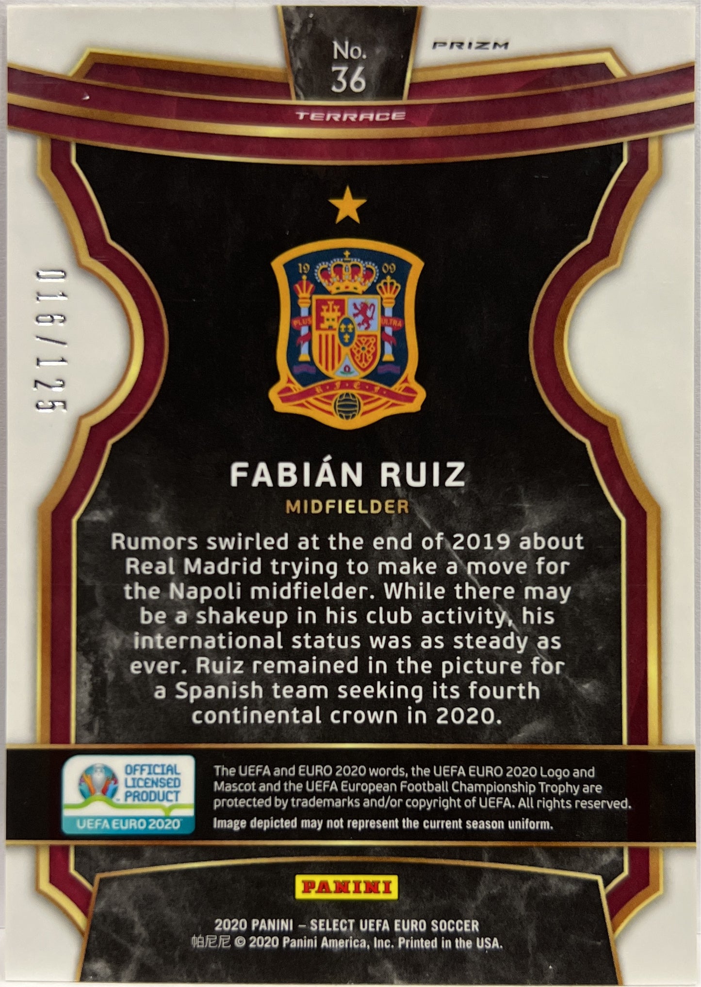 Fabian Ruiz 16/125 Terrace Orange Prizm Select Uefa Euro 2020