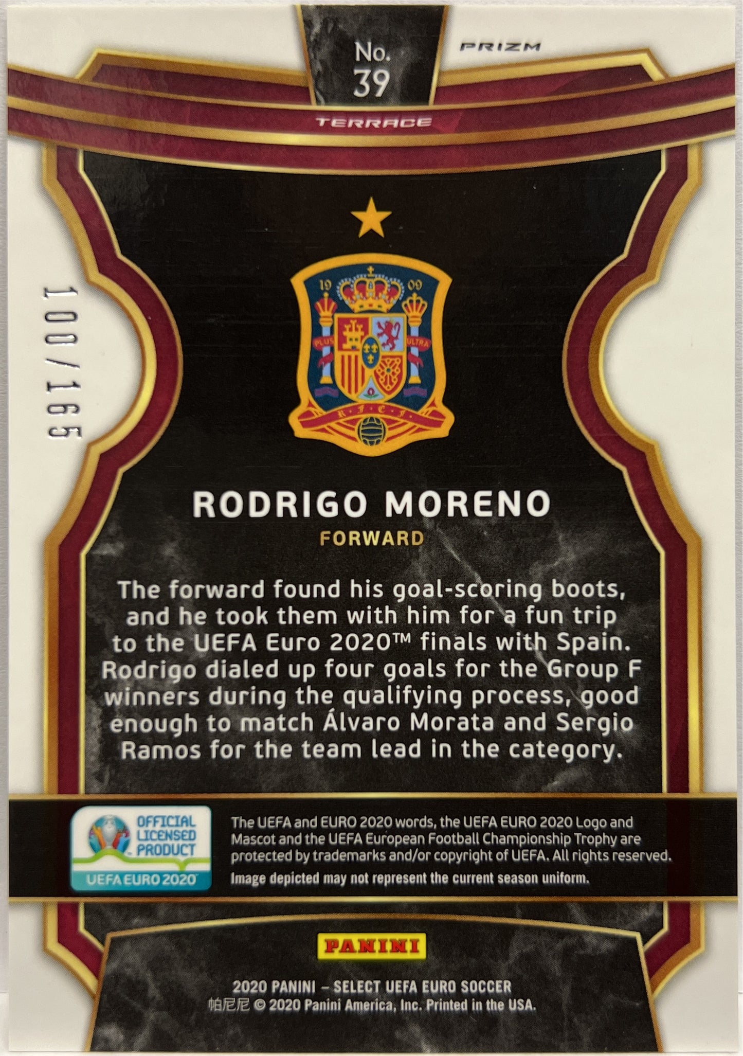 Rodrigo Moreno 100/165 Terrace Maroon Prizm Select Uefa Euro 2020