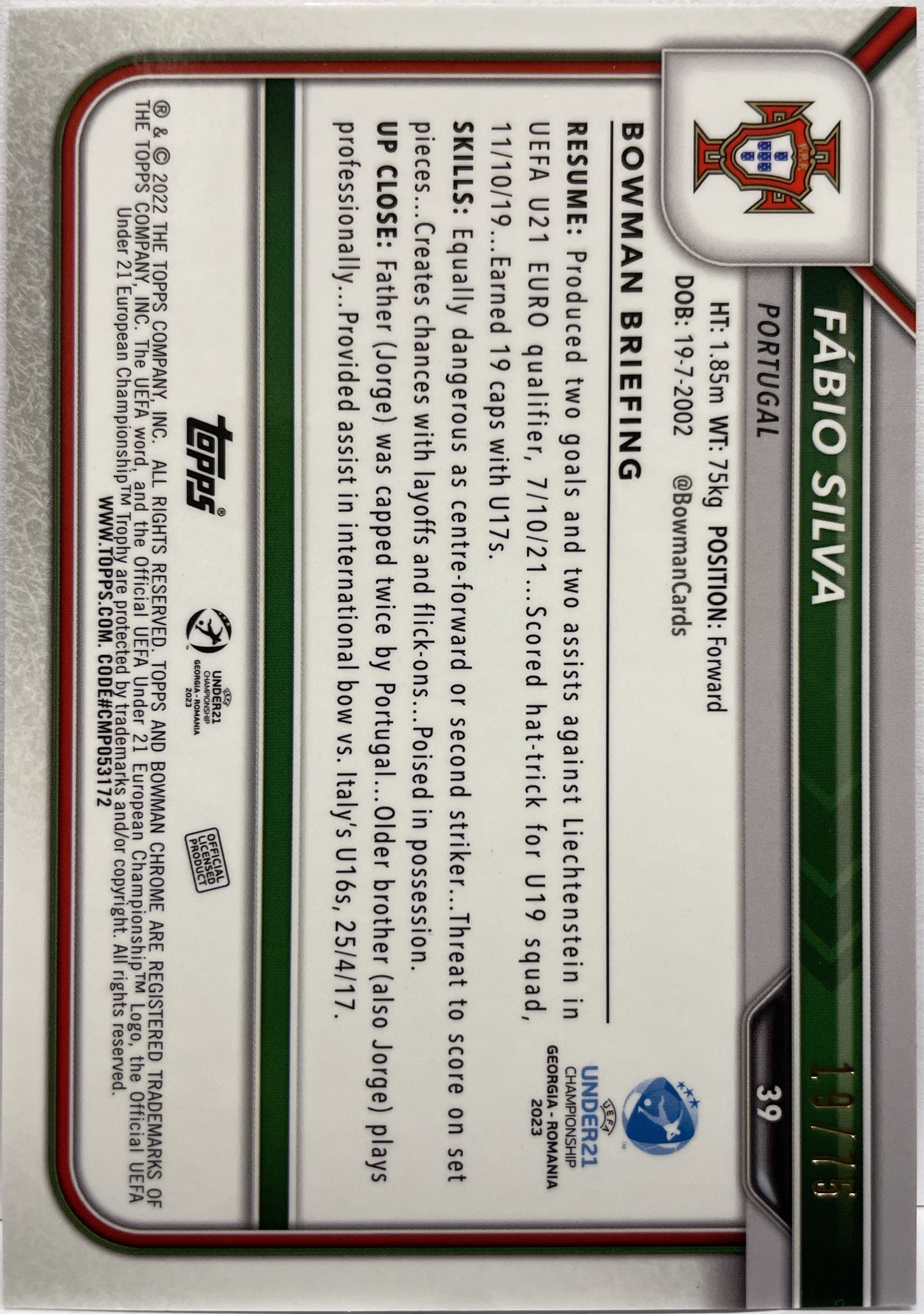 Fabio Silva 19/75 Bowman Orange Topps Uefa U21 2023