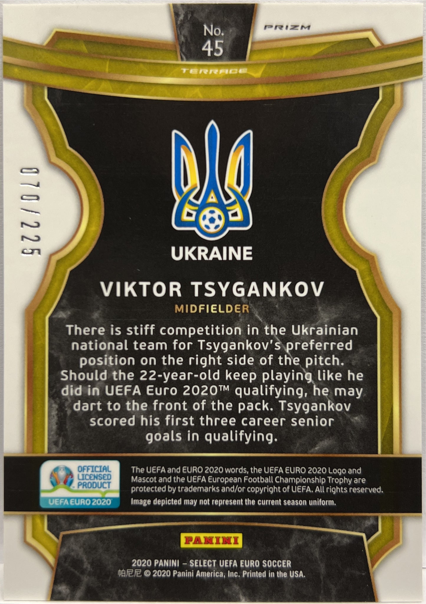 Viktor Tsygankov 70/225 Rookie Terrace Blue Prizm Select Uefa Euro 2020
