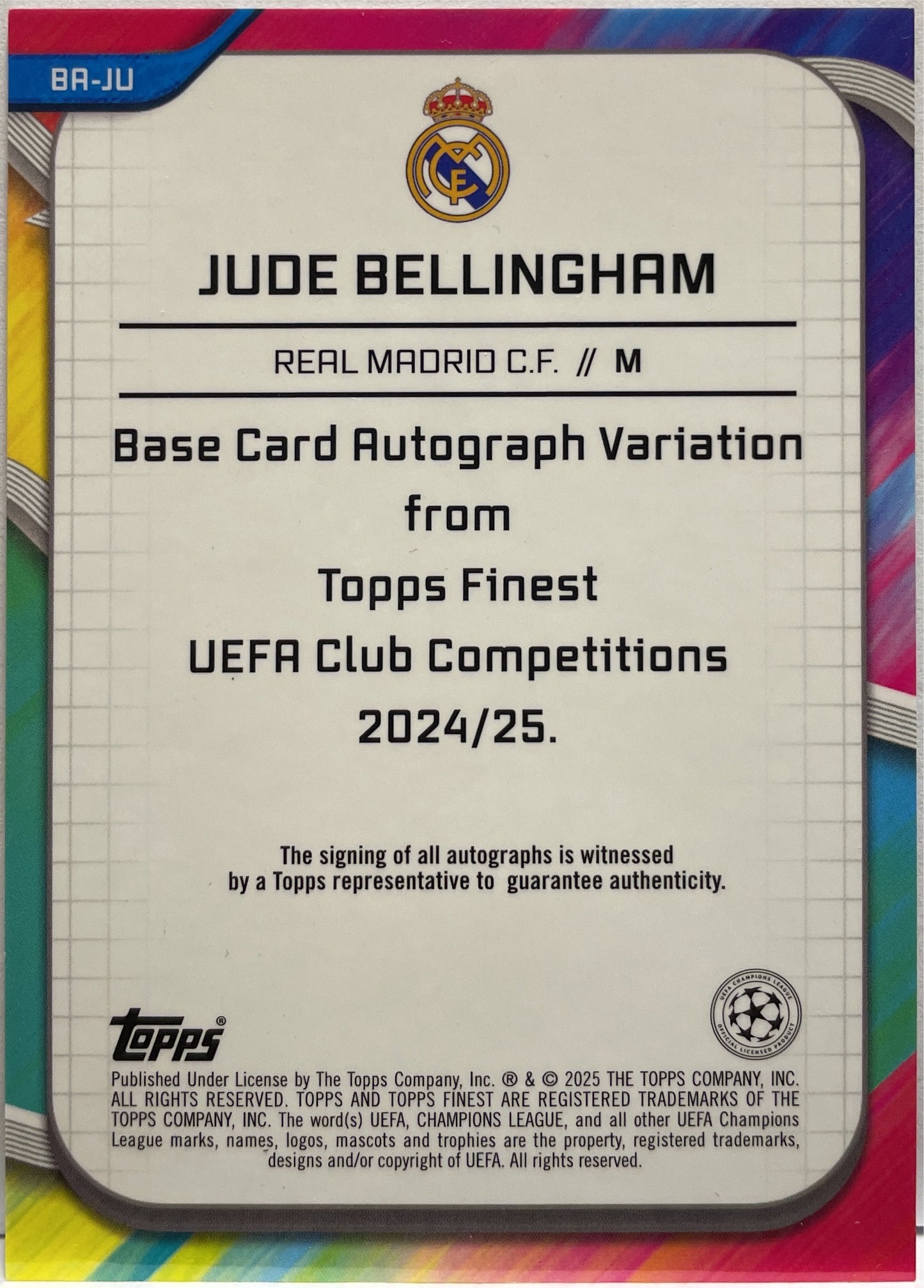 Jude Bellingham 7/25 Autograph Orange Topps Finest UCC 2024/25