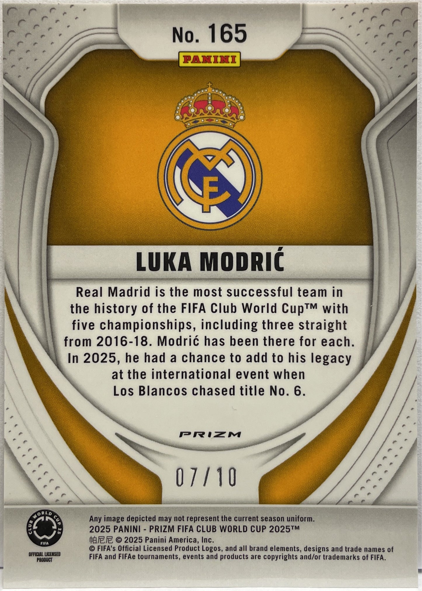 Luka Modric 7/10 Gold Seismic Panini Prizm Fifa Club World Cup 2025