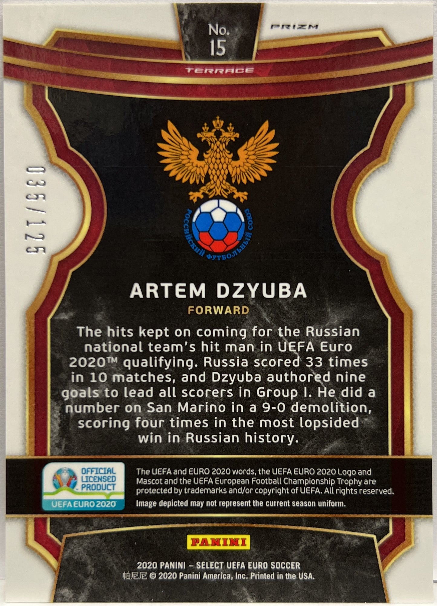 Artem Dzyuba 35/125 Terrace Orange Prizm Select Uefa Euro 2020