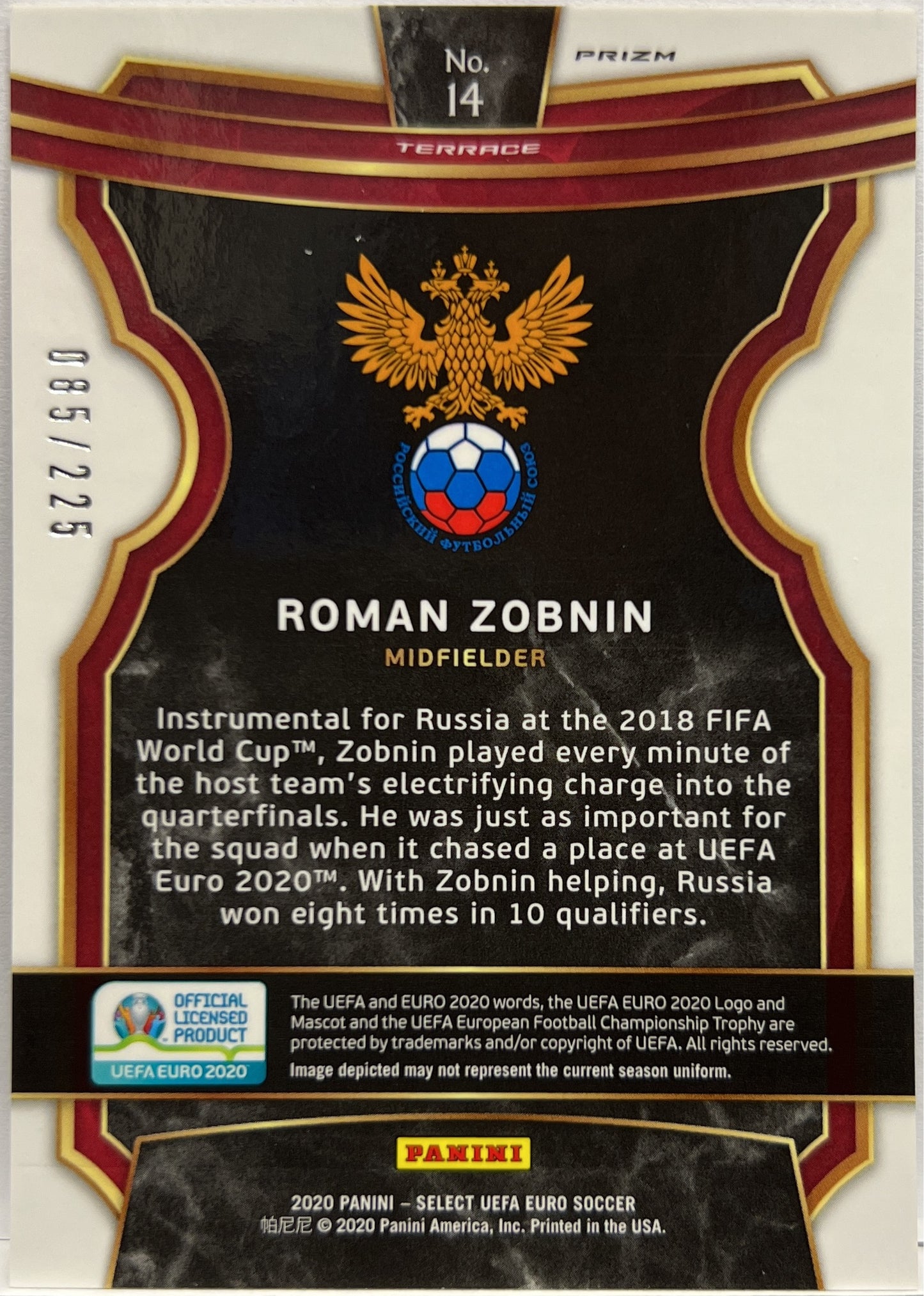 Roman Zobnin 85/225 Terrace Blue Prizm Select Uefa Euro 2020