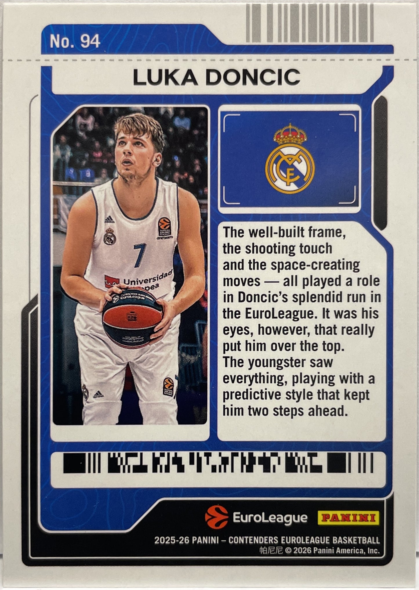 Luka Doncic Season Ticket Panini Contenders Basketball Euroleague 2025/26
