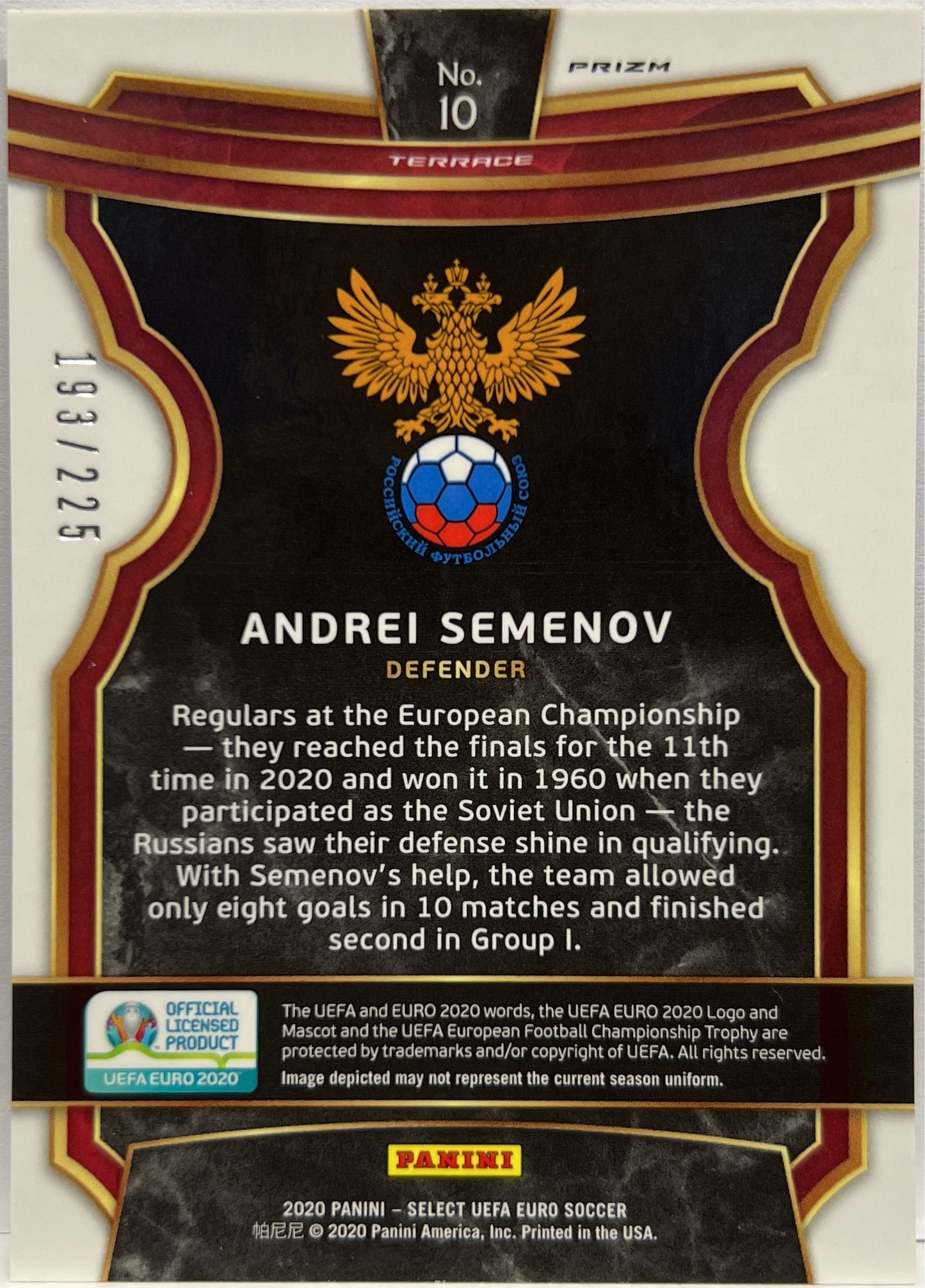 Andrei Semenov 193/225 Rookie Terrace Blue Prizm Select Uefa Euro 2020