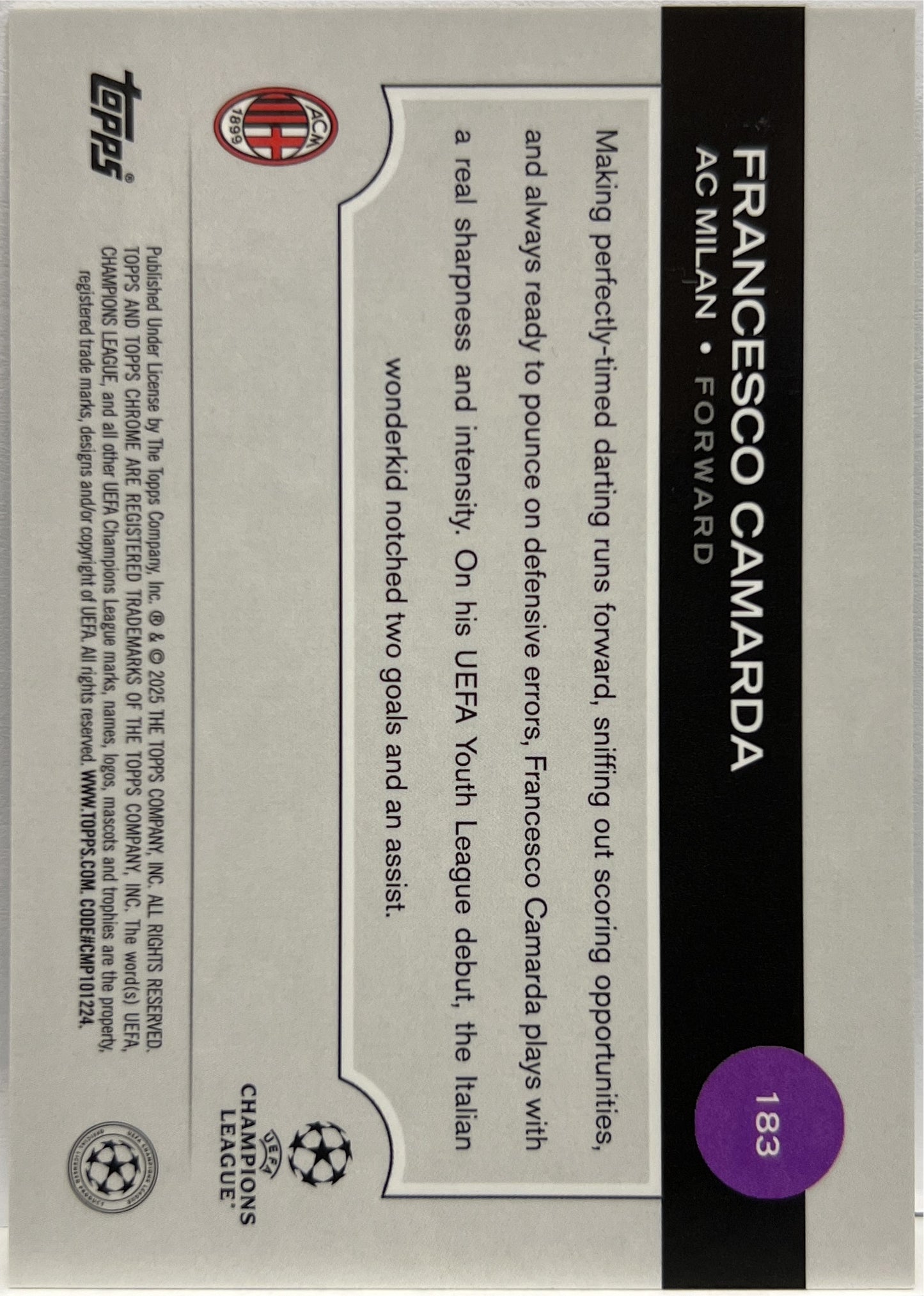 Francesco Camarda 7/10 Future Stars Black Lava Topps Chrome UCC 2024/25